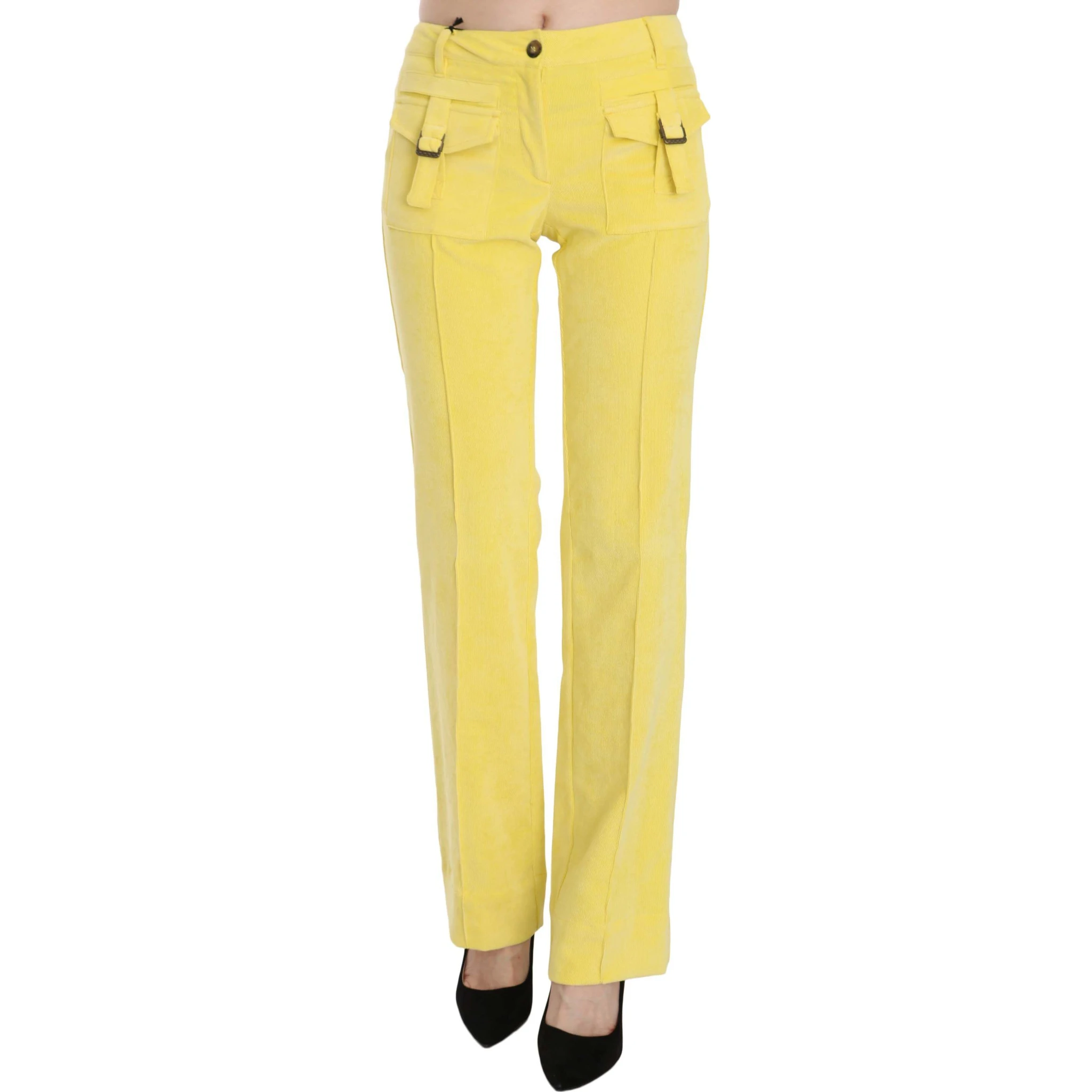 Yellow Corduroy Mid Waist Straight Trousers Pants