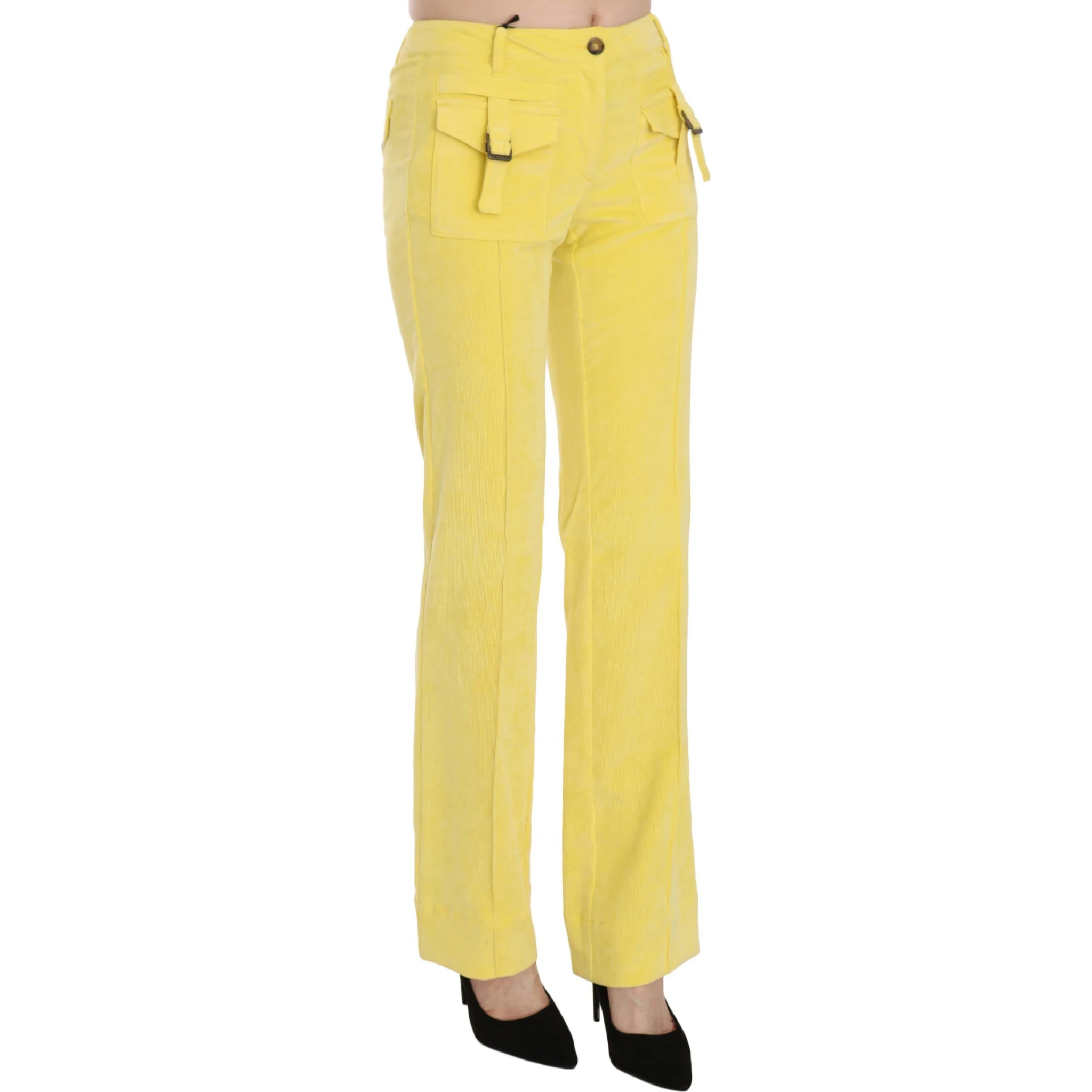 Yellow Corduroy Mid Waist Straight Trousers Pants
