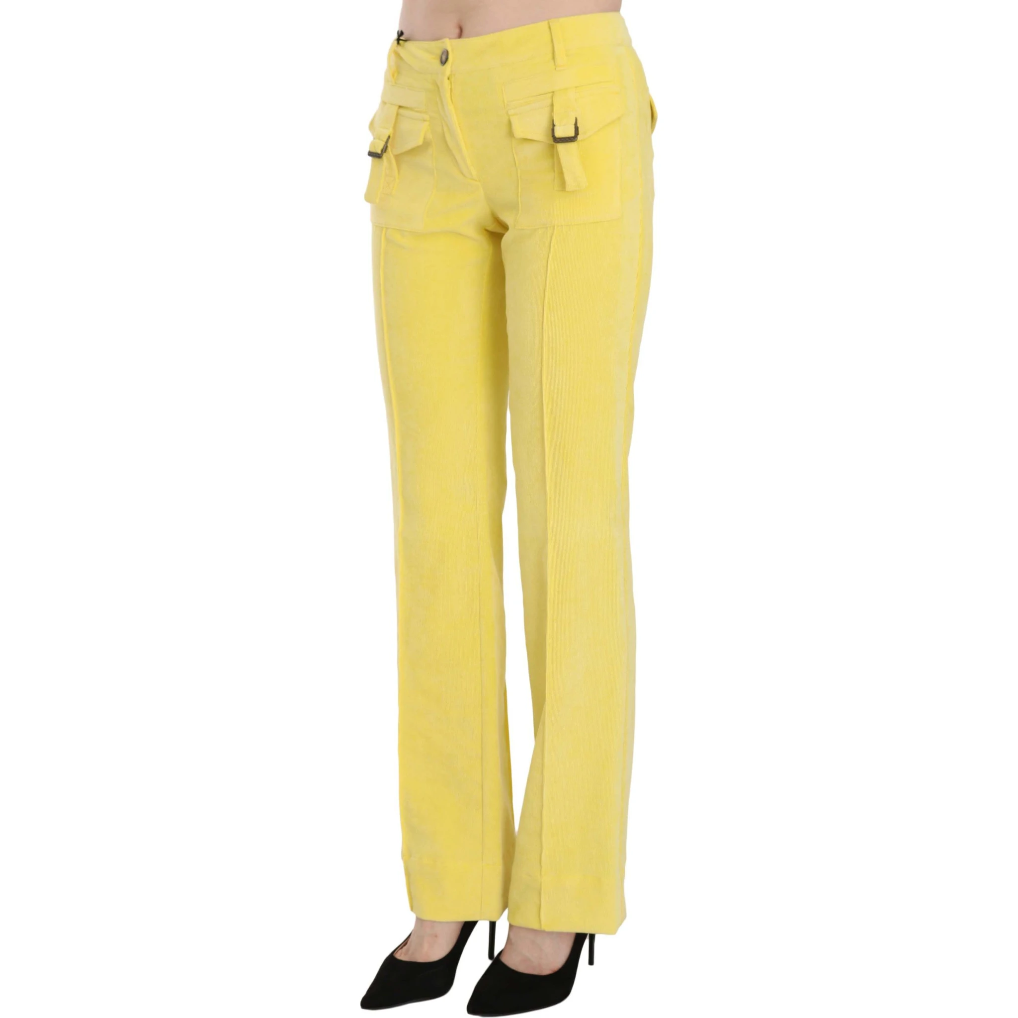 Yellow Corduroy Mid Waist Straight Trousers Pants