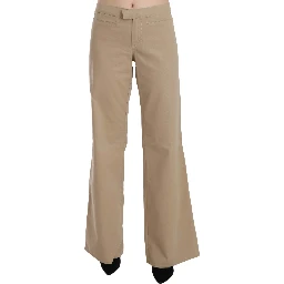 Beige Cotton Mid Waist Flared Trousers Pants