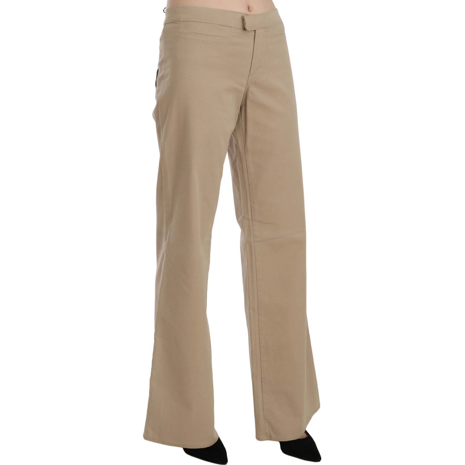 Beige Cotton Mid Waist Flared Trousers Pants