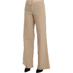 Beige Cotton Mid Waist Flared Trousers Pants