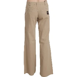 Beige Cotton Mid Waist Flared Trousers Pants