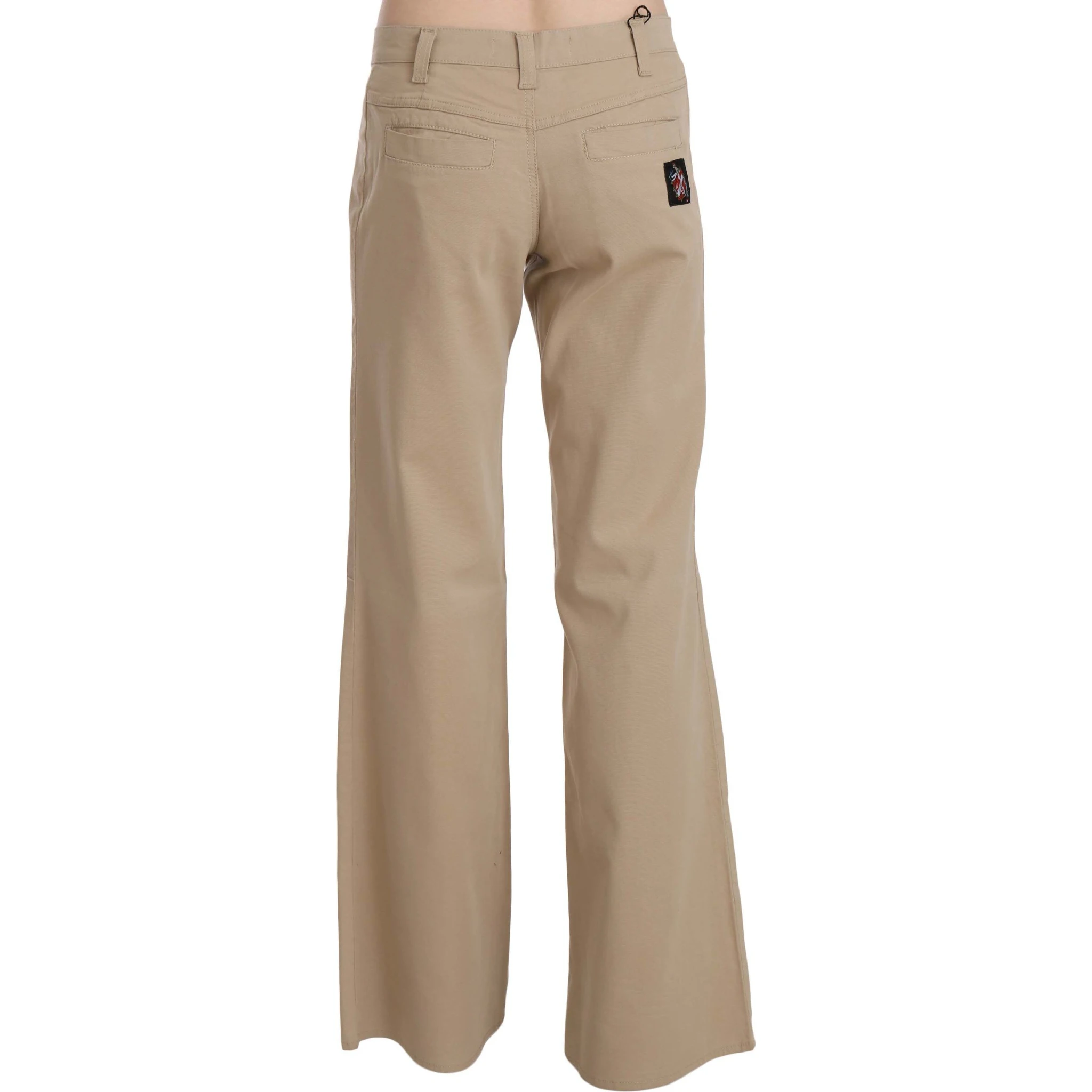 Beige Cotton Mid Waist Flared Trousers Pants