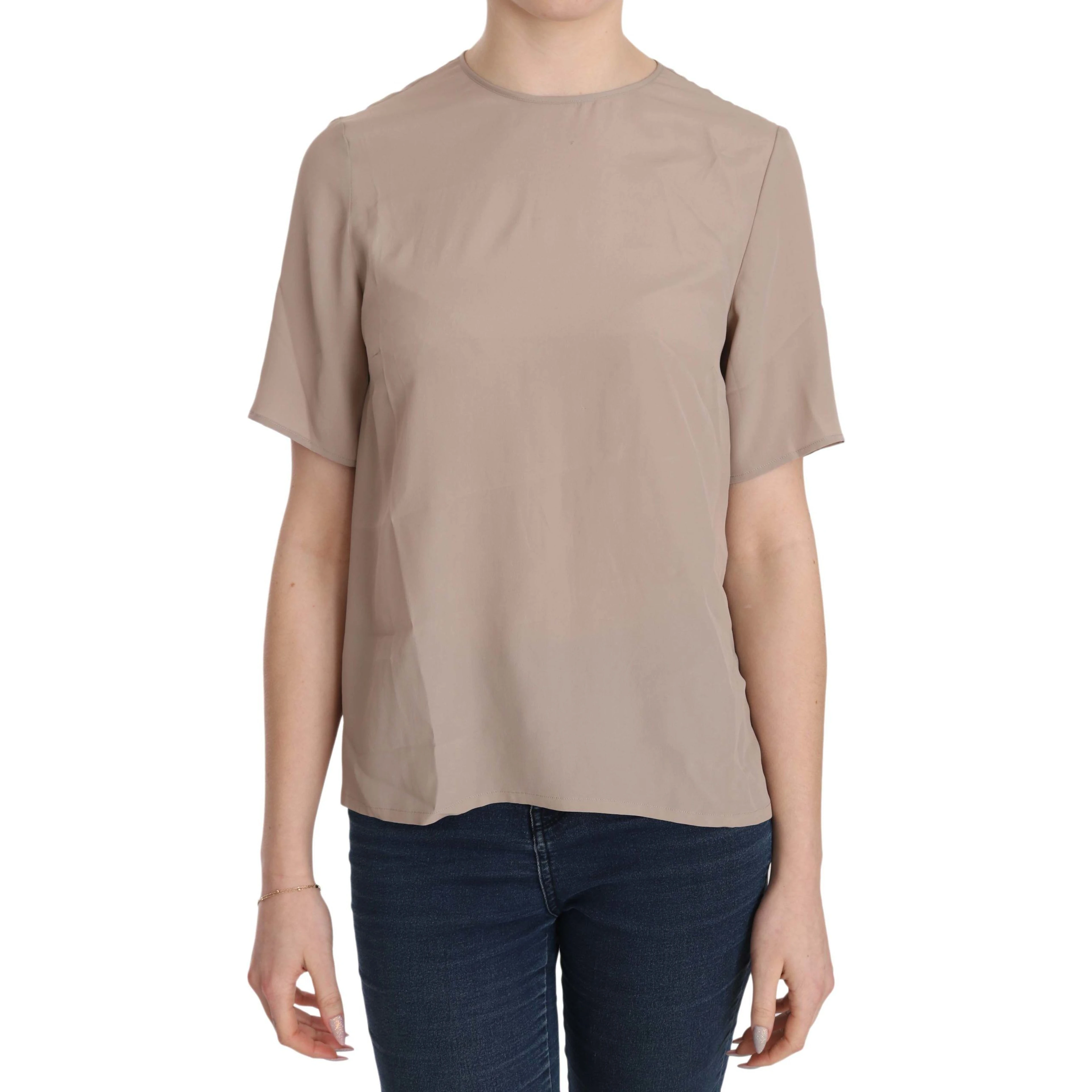 Beige Crew Neck Short Sleeve Blouse