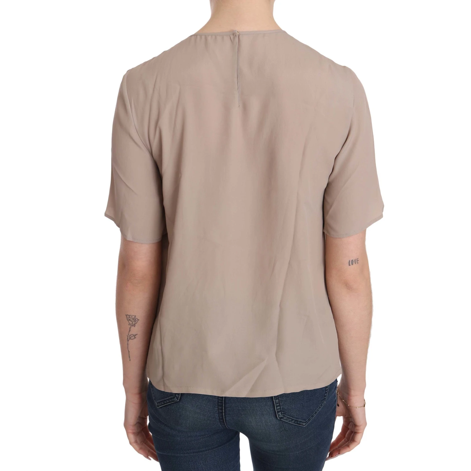 Beige Crew Neck Short Sleeve Blouse