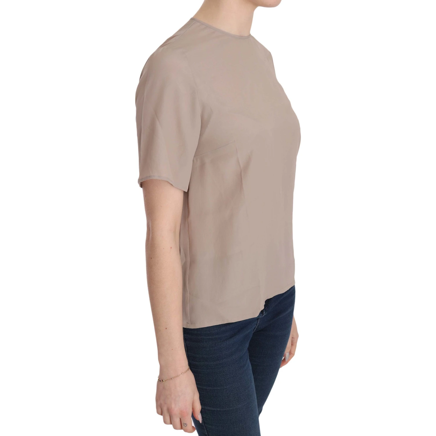 Beige Crew Neck Short Sleeve Blouse