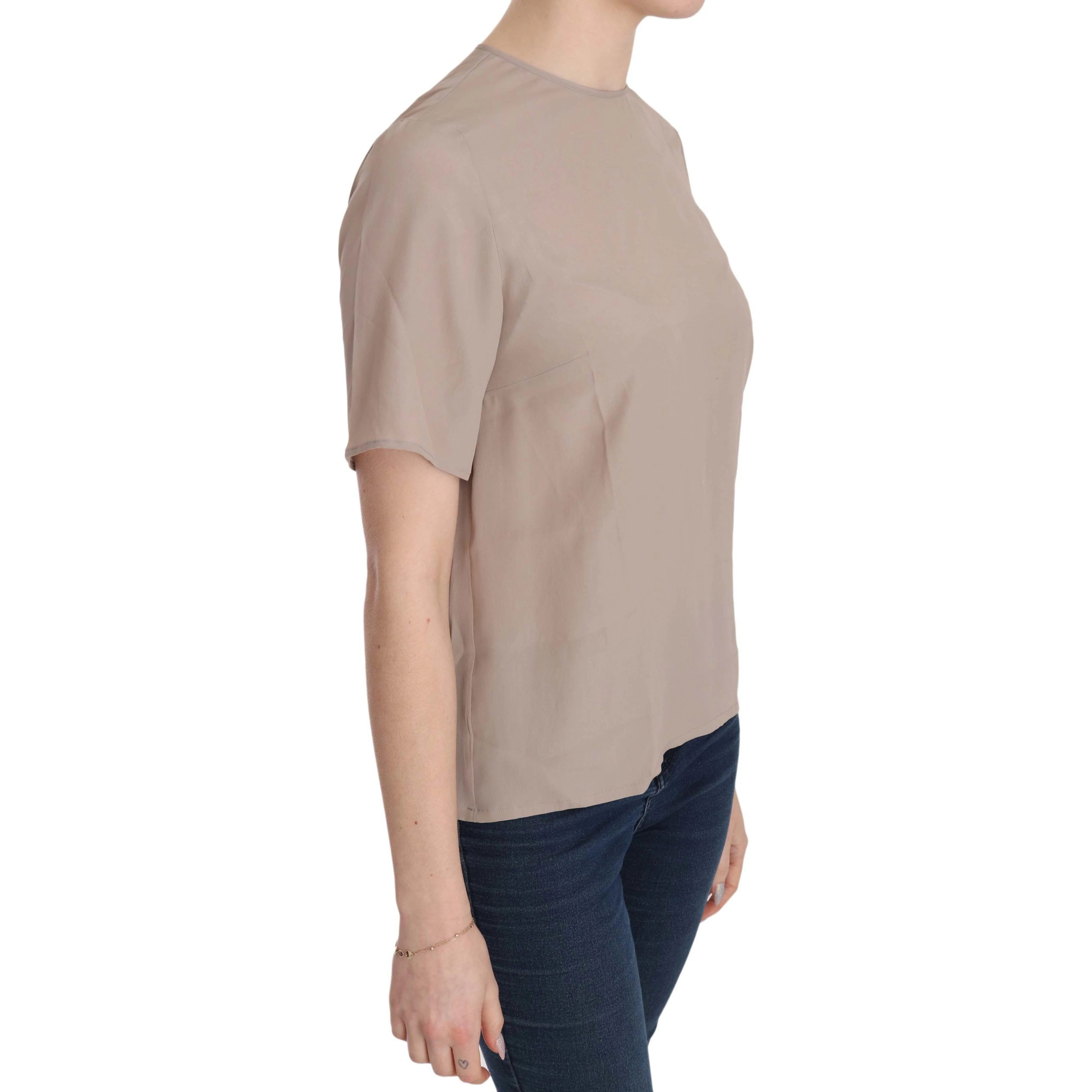 Beige Crew Neck Short Sleeve Blouse