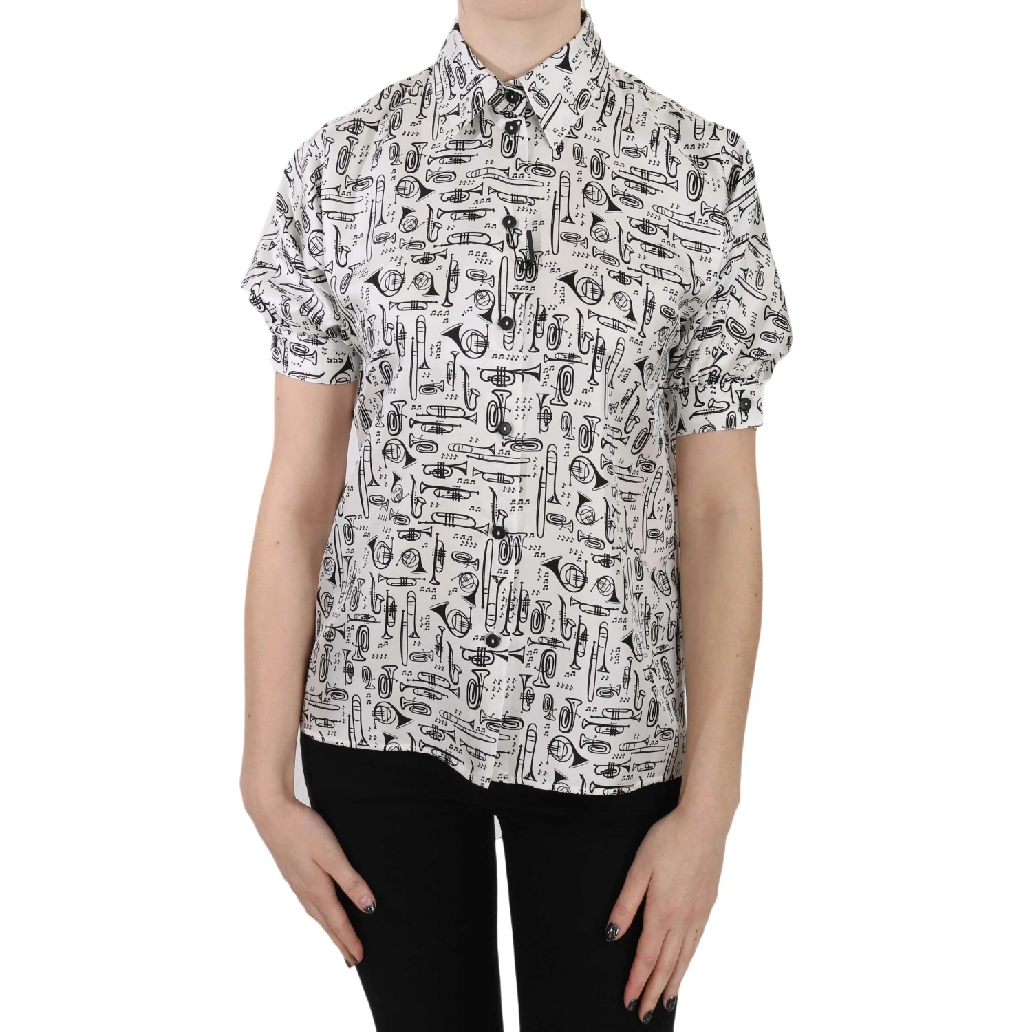 Trumpet Print Button Front Silk Top Blouse