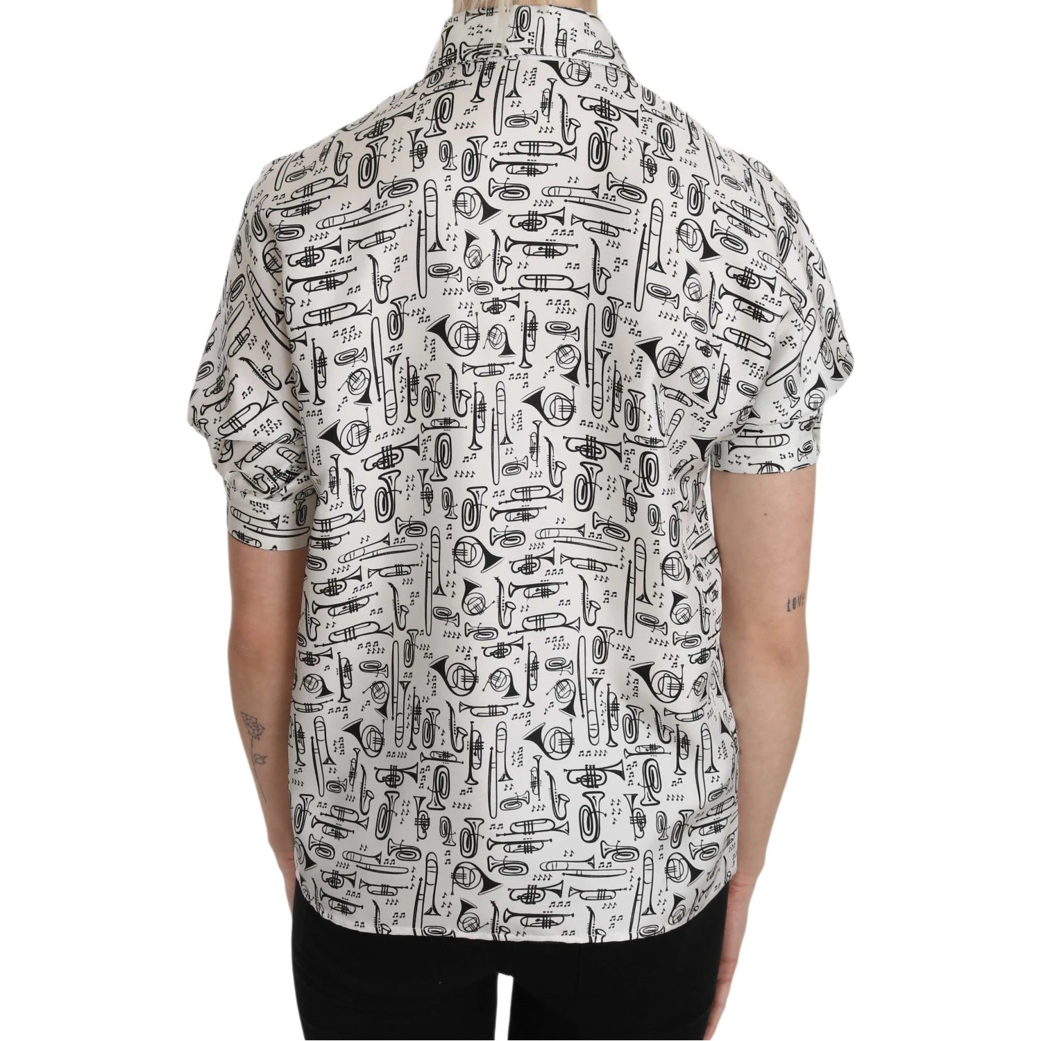 Trumpet Print Button Front Silk Top Blouse