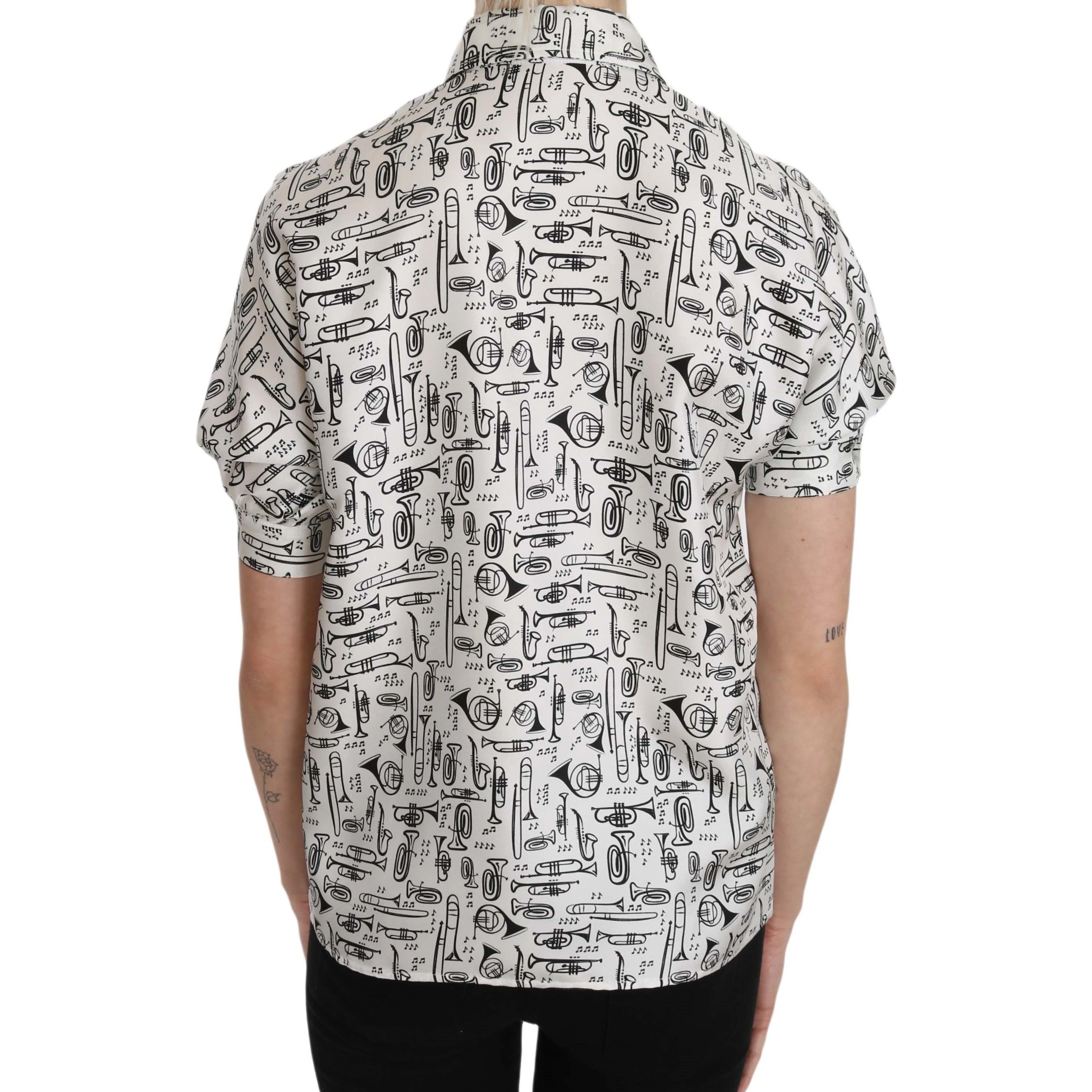Trumpet Print Button Front Silk Top Blouse