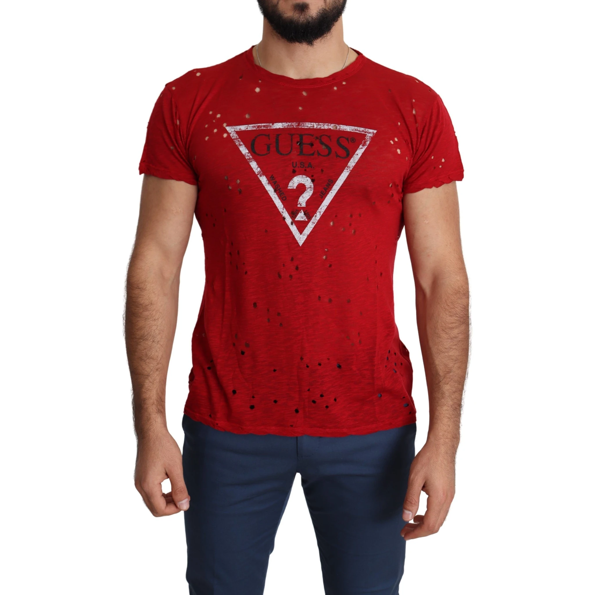Red Cotton Logo Print Men Casual Top Perforated T-shirt