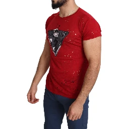 Red Cotton Logo Print Men Casual Top Perforated T-shirt