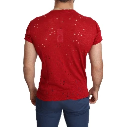 Red Cotton Logo Print Men Casual Top Perforated T-shirt