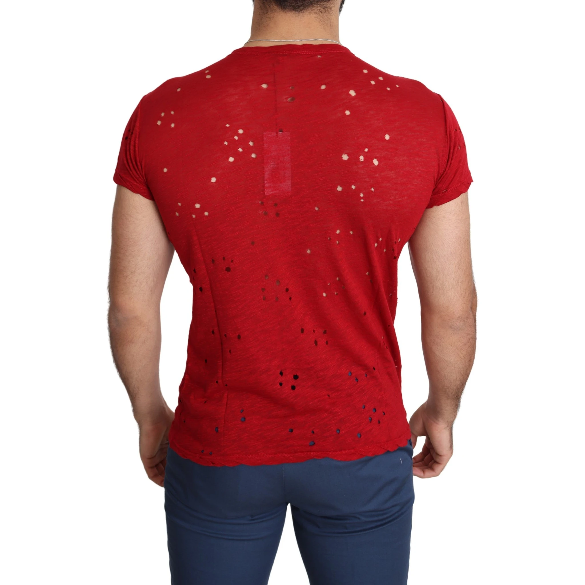 Red Cotton Logo Print Men Casual Top Perforated T-shirt