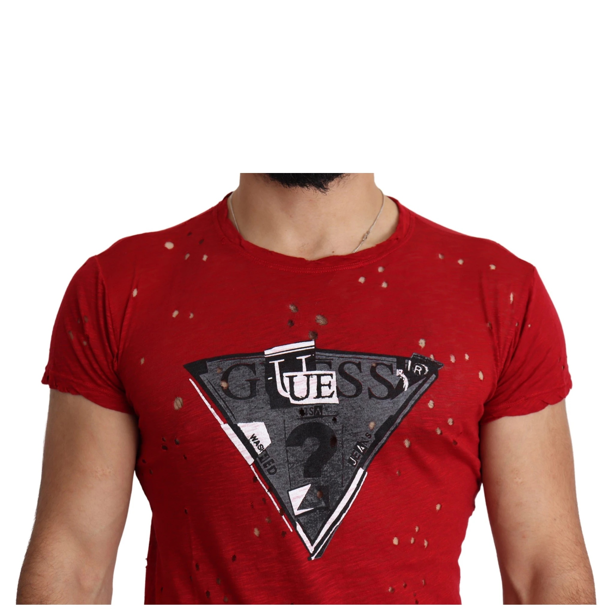 Red Cotton Logo Print Men Casual Top Perforated T-shirt