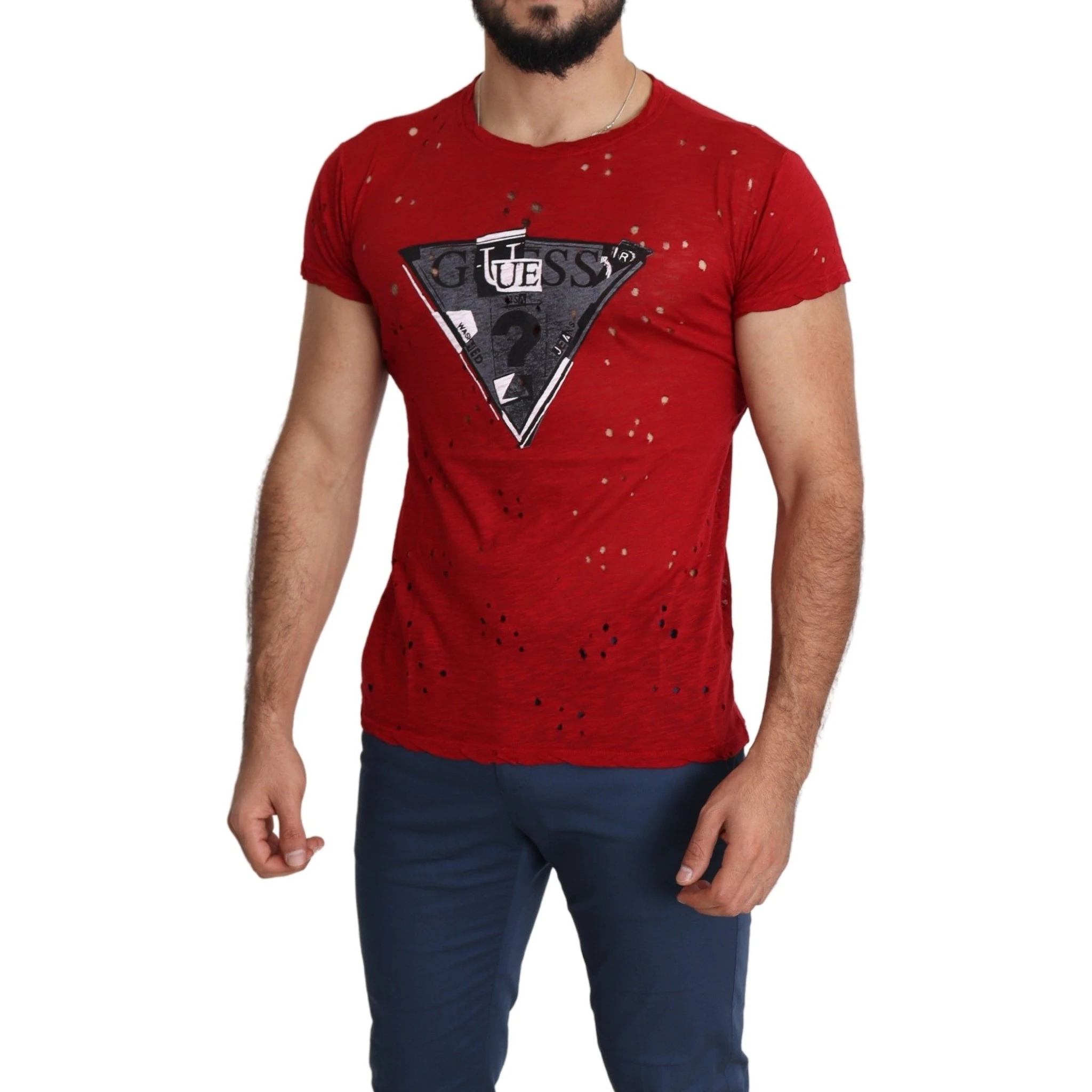 Red Cotton Logo Print Men Casual Top Perforated T-shirt