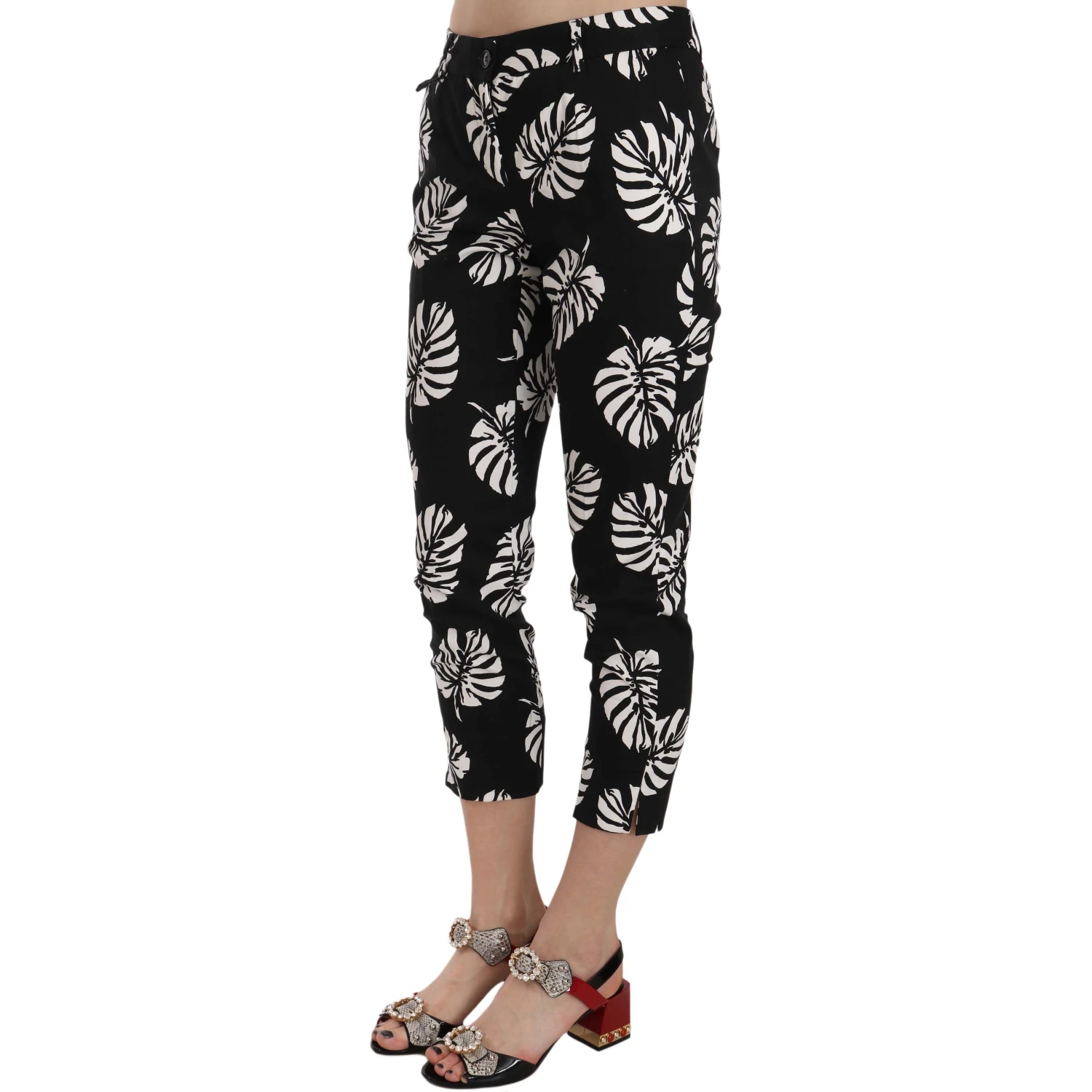 Black Palm Leaf Print Skinny Pants