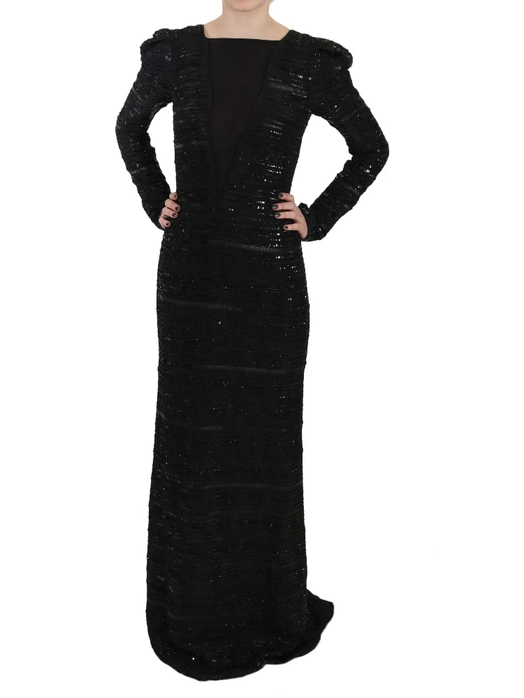 Black Silk Full Length Sequined Gown Dress