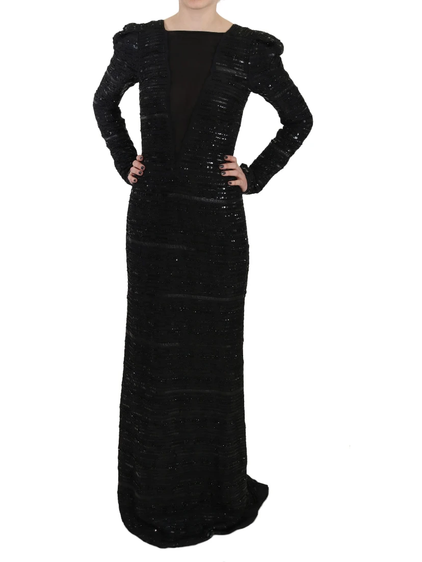 Black Silk Full Length Sequined Gown Dress