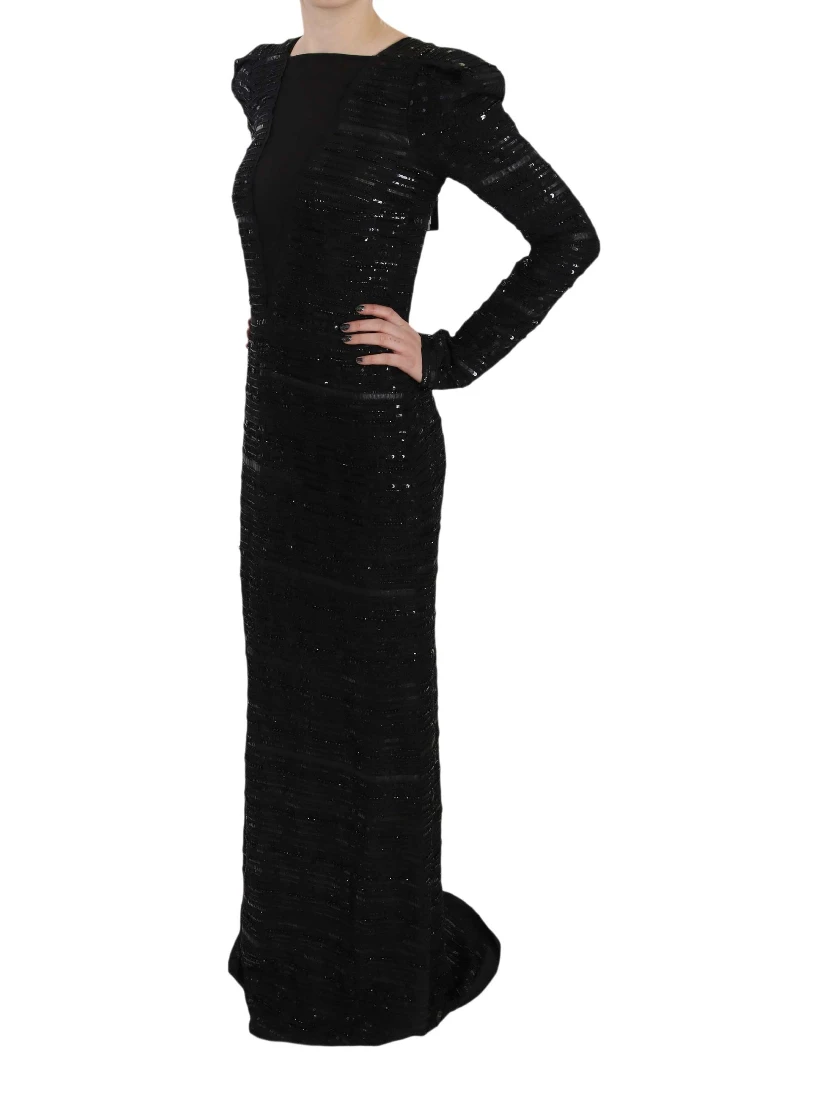 Black Silk Full Length Sequined Gown Dress