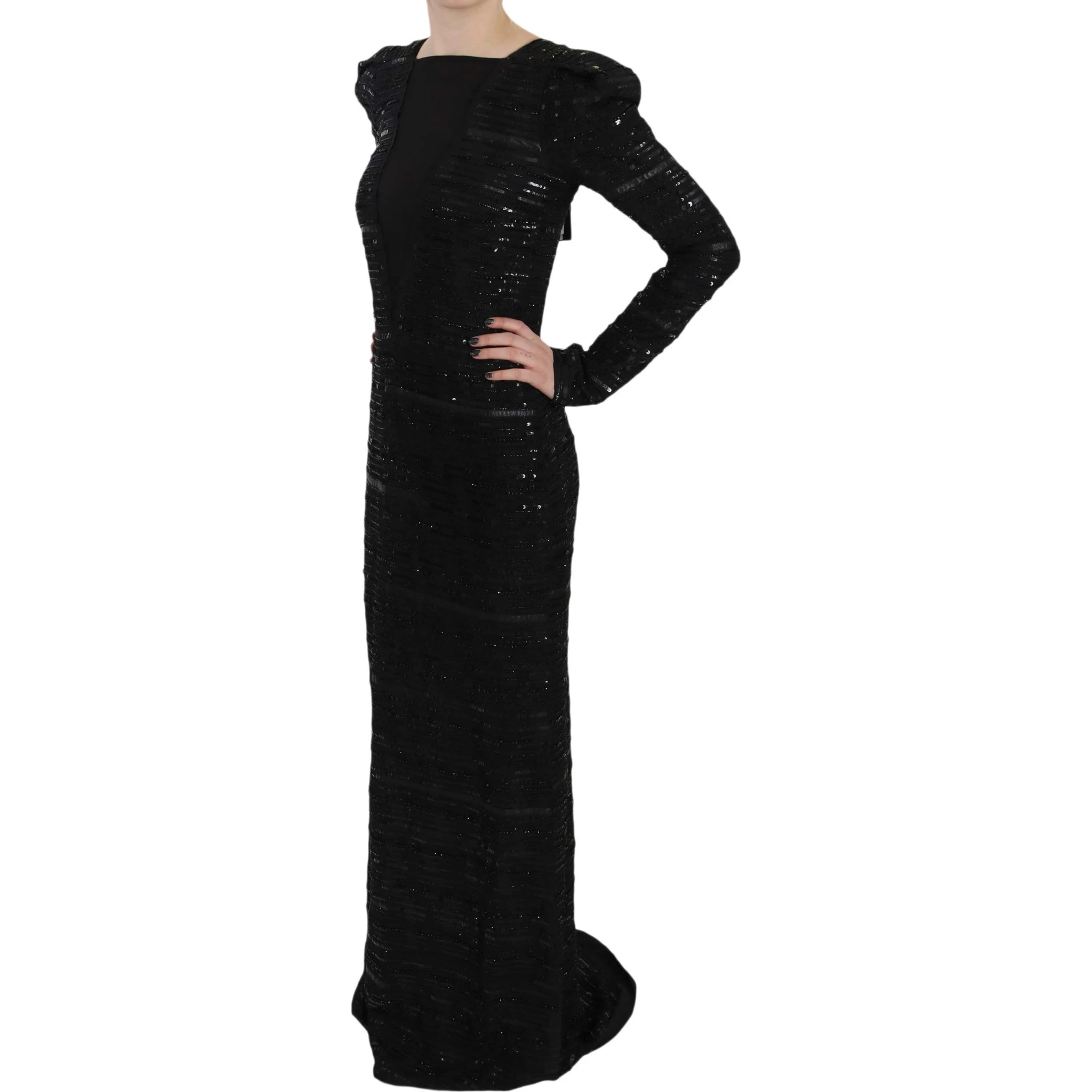 Black Silk Full Length Sequined Gown Dress