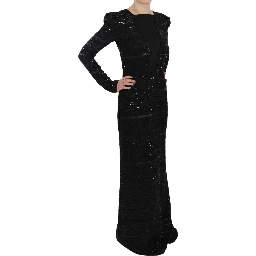 Black Silk Full Length Sequined Gown Dress