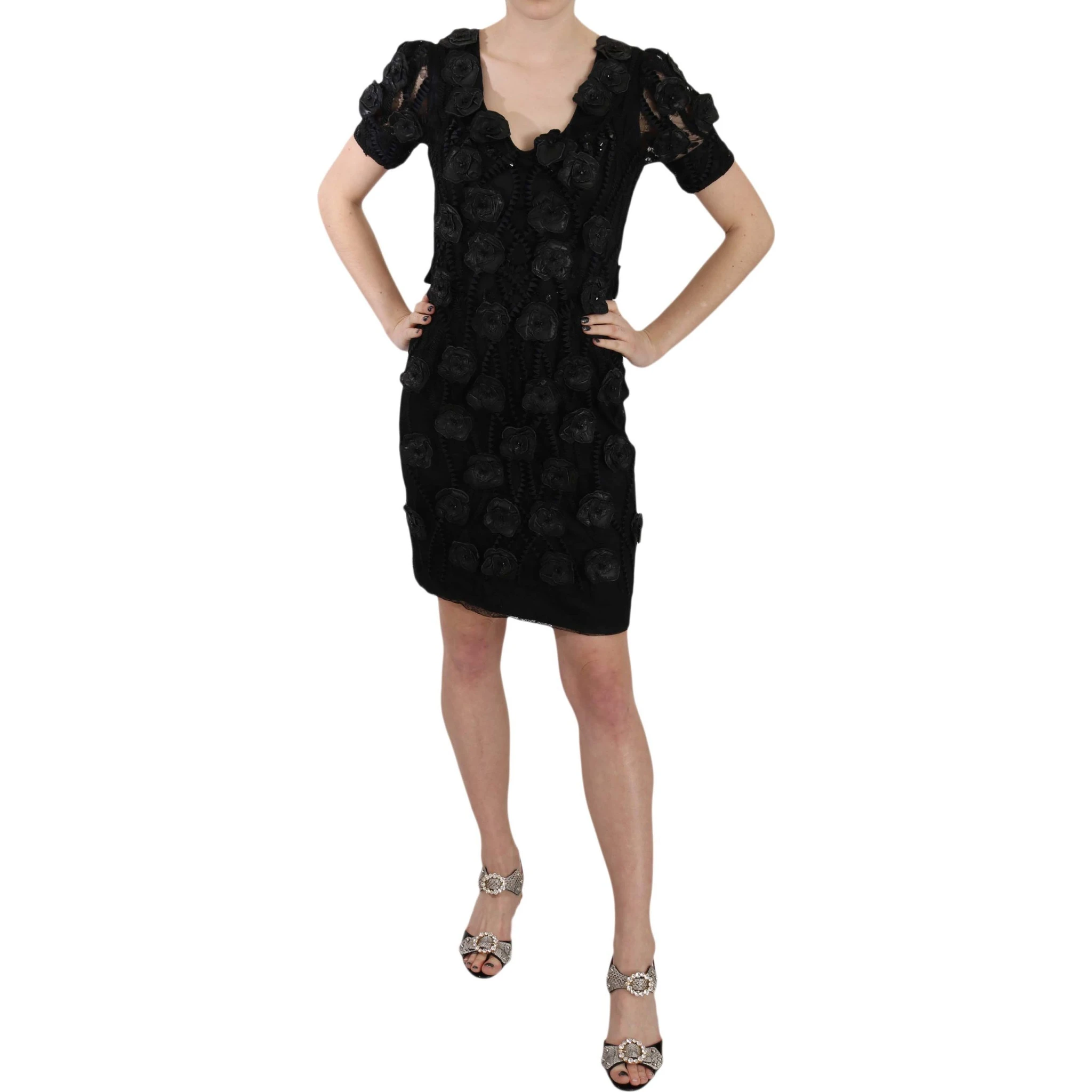 Black Silk Leather Flowers Sheath Dress