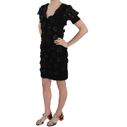 Black Silk Leather Flowers Sheath Dress