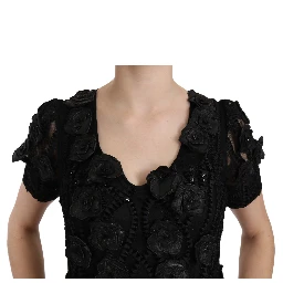 Black Silk Leather Flowers Sheath Dress