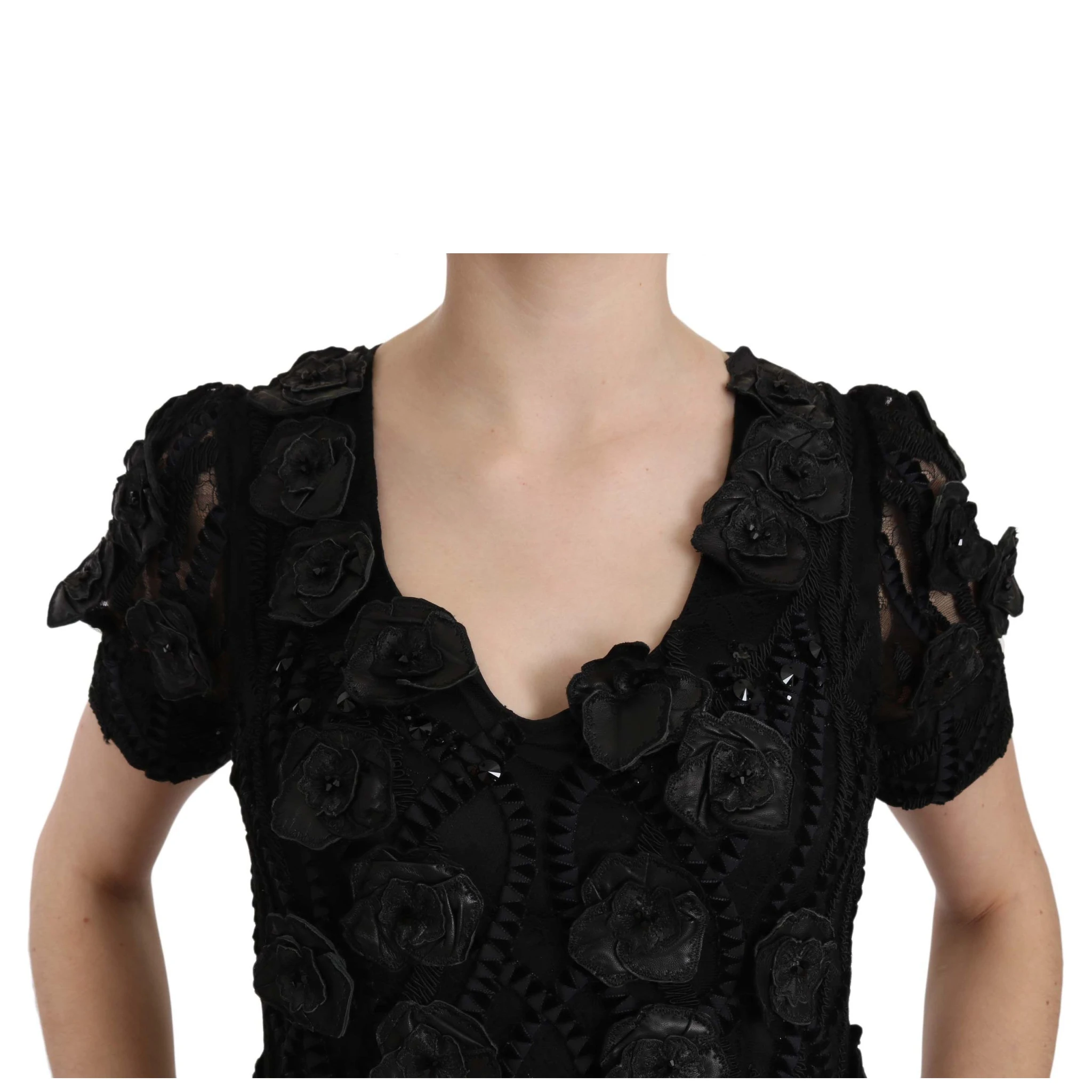 Black Silk Leather Flowers Sheath Dress