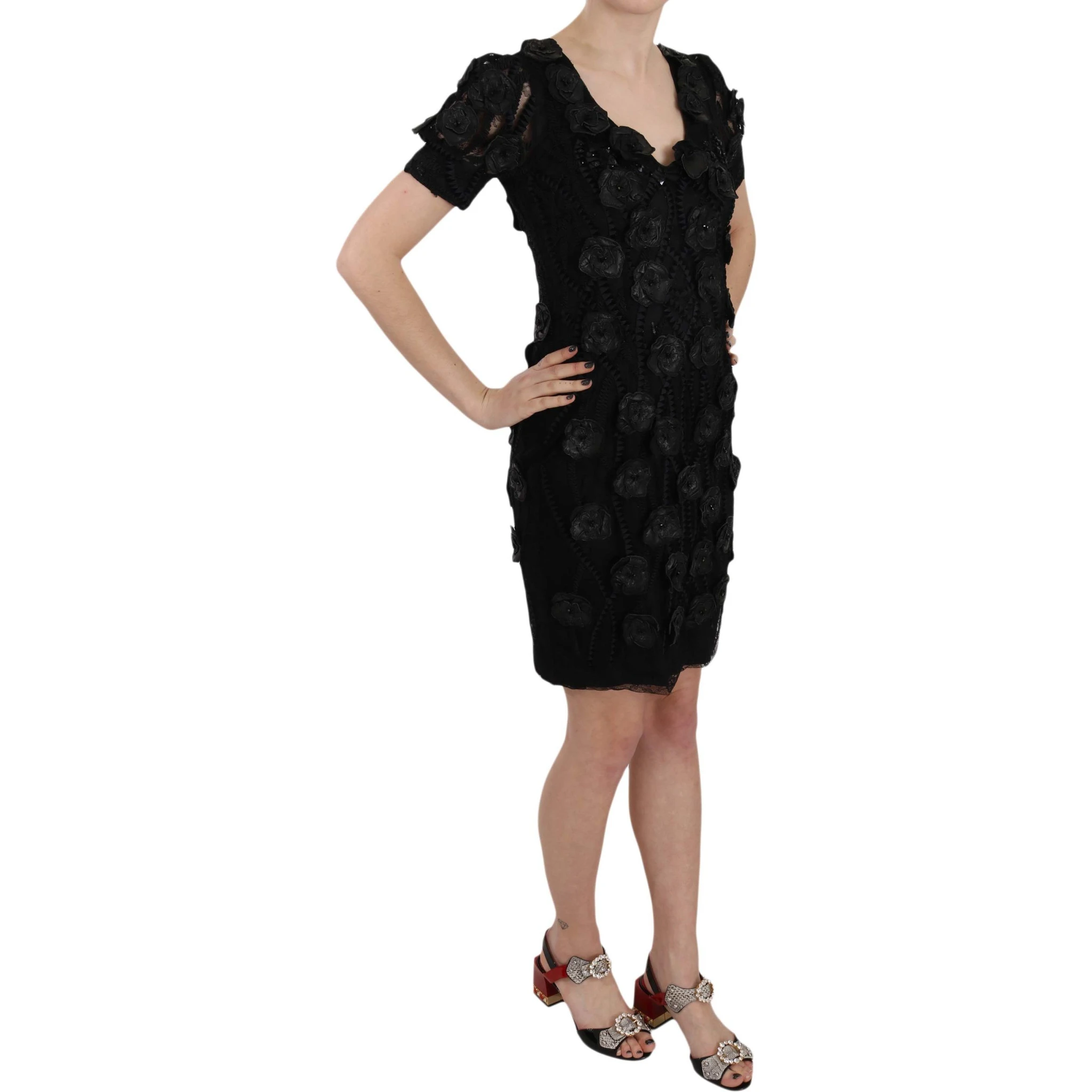 Black Silk Leather Flowers Sheath Dress