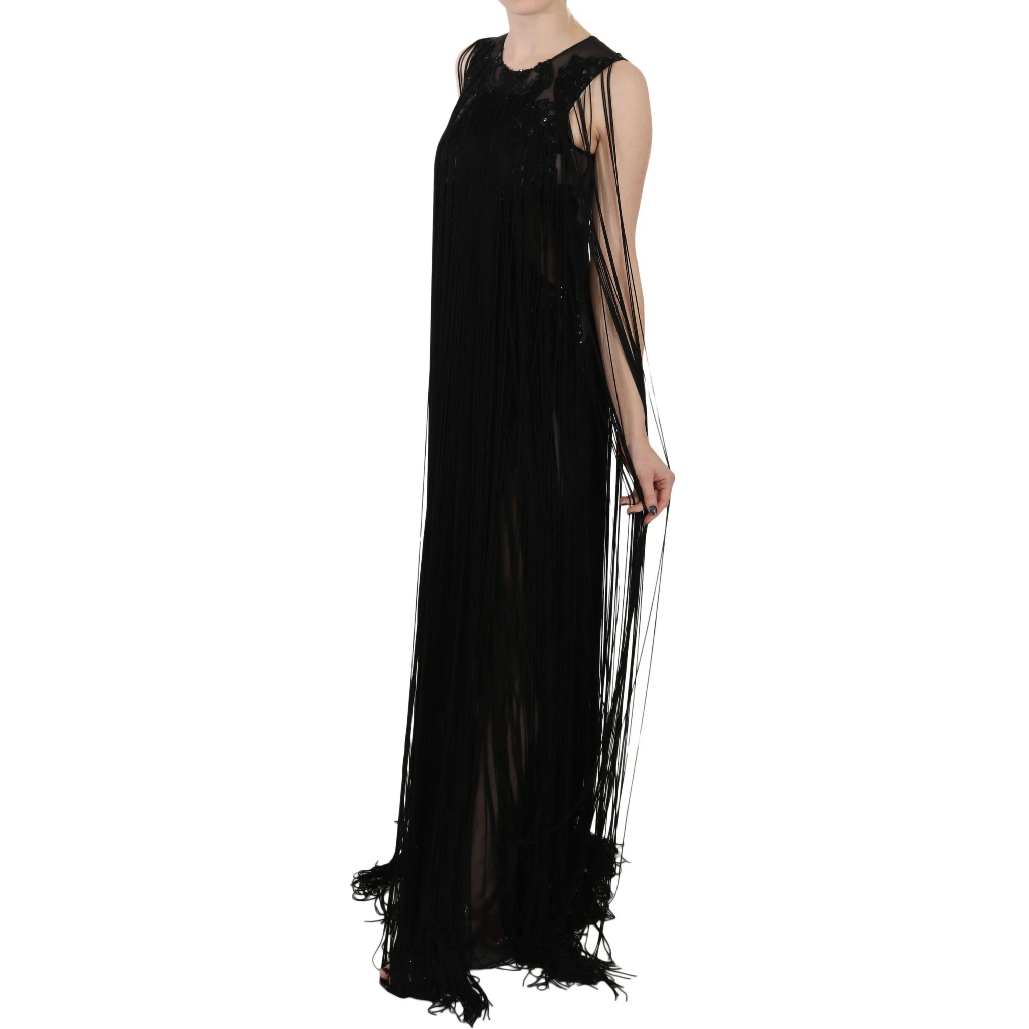 Black Silk Beaded Sequined Sheer Dress