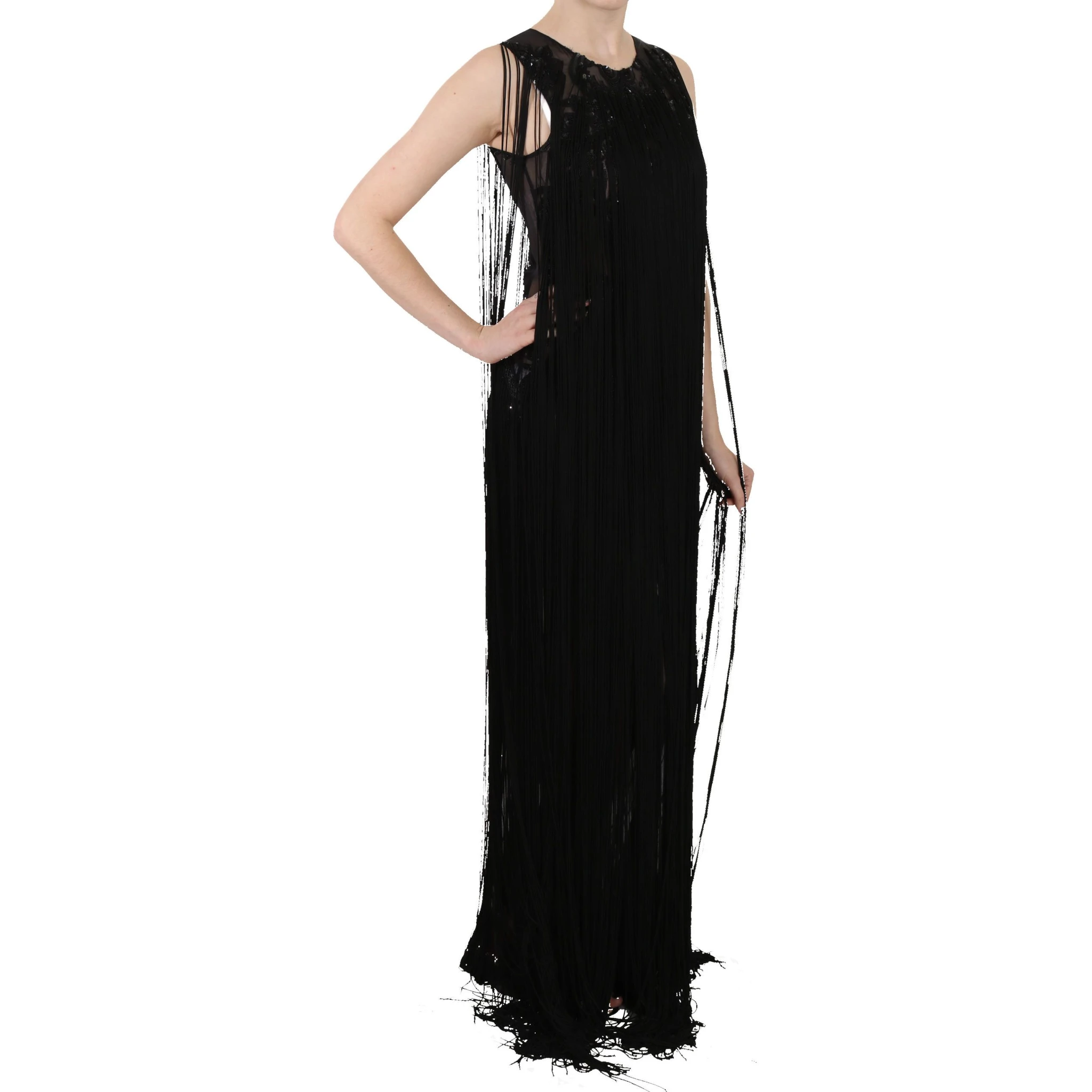 Black Silk Beaded Sequined Sheer Dress