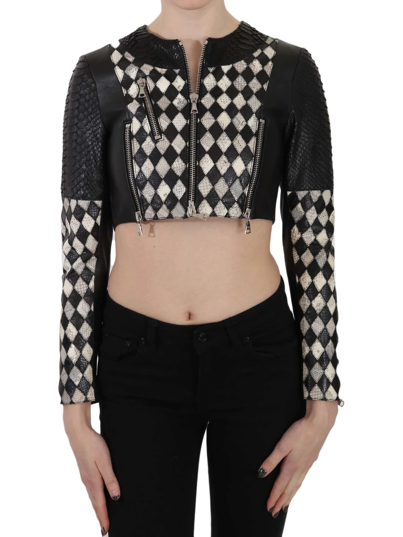 Black White Leather Short Cropped Biker Jacket Coat