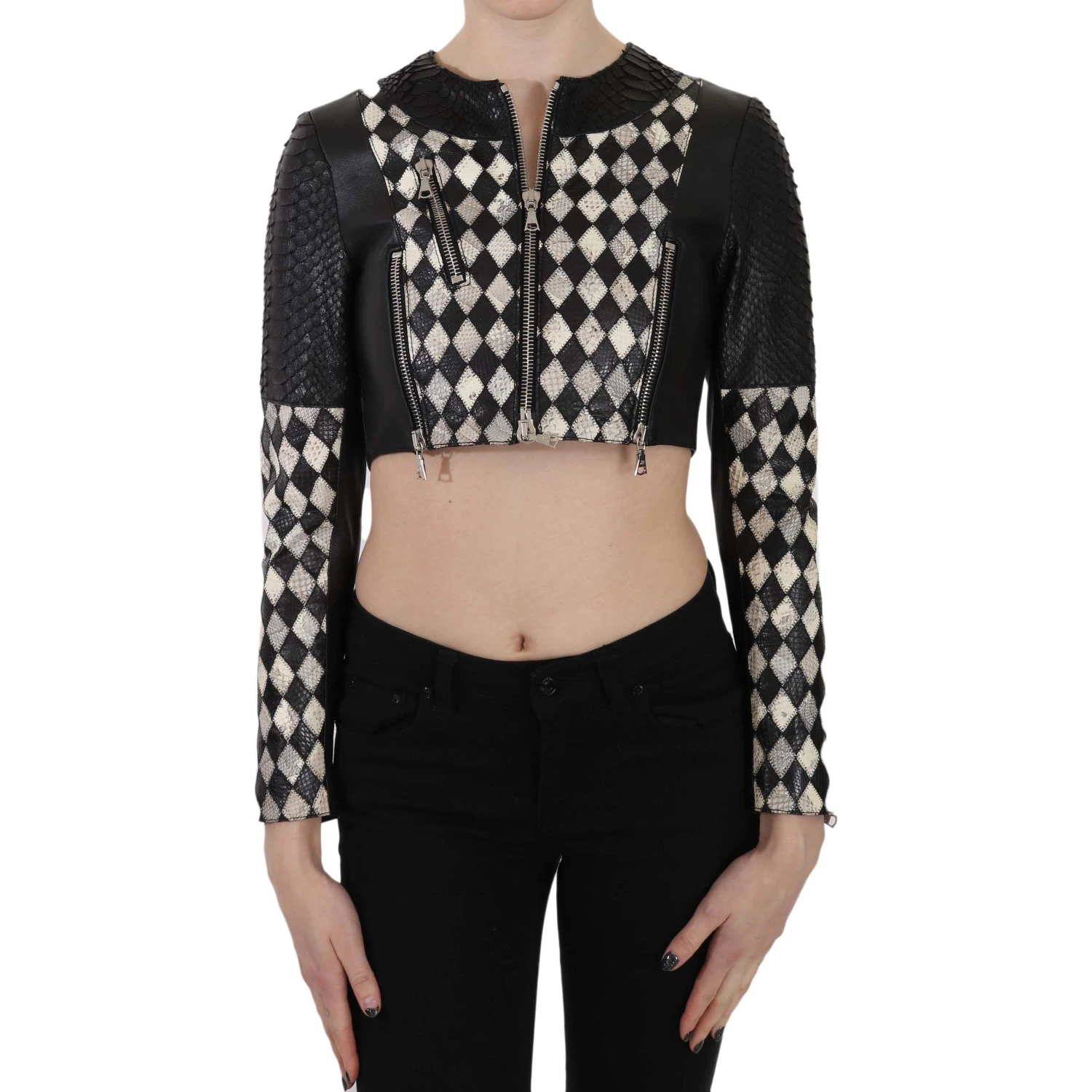 Black White Leather Short Cropped Biker Jacket Coat