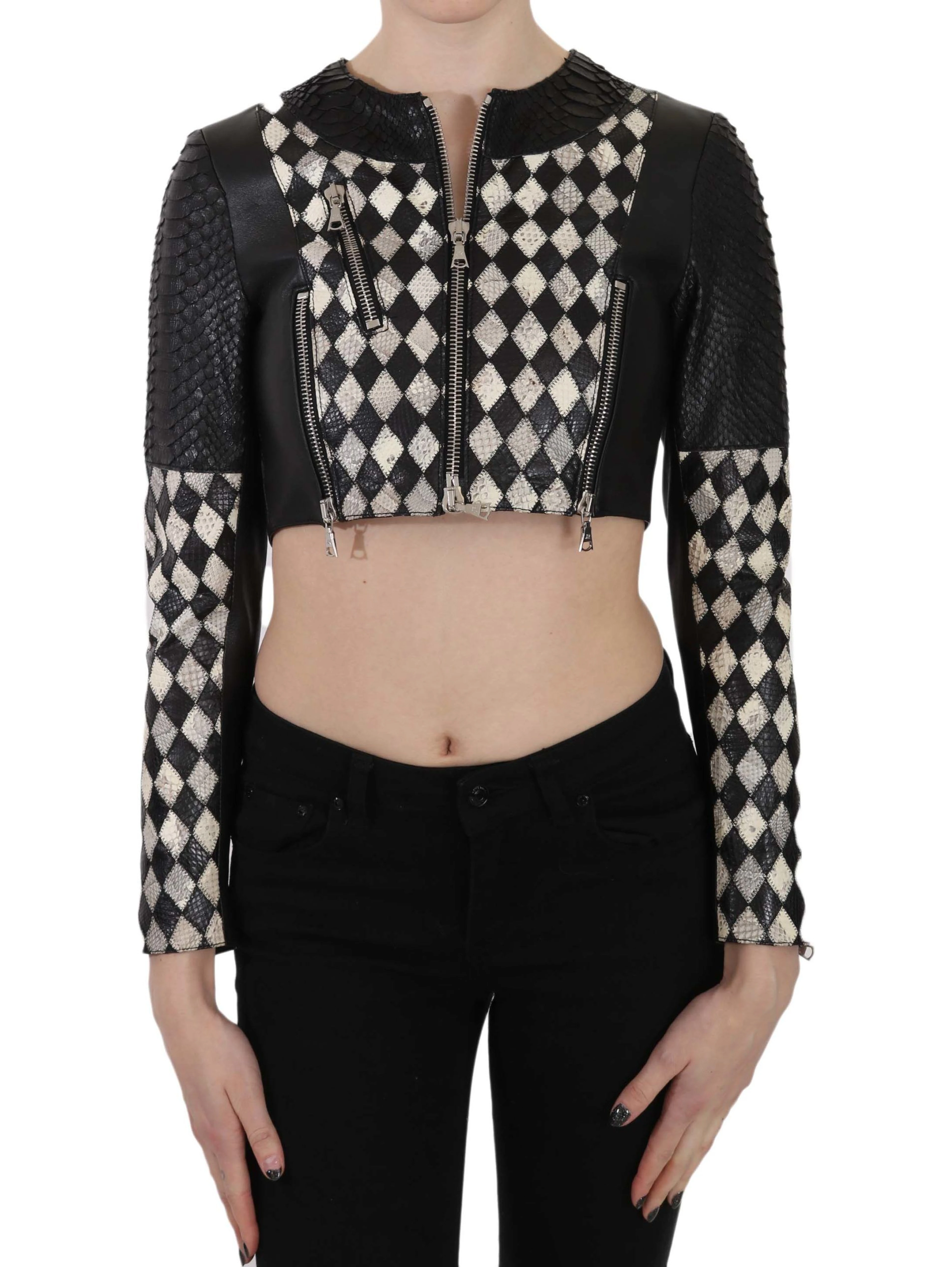 Black White Leather Short Cropped Biker Jacket Coat