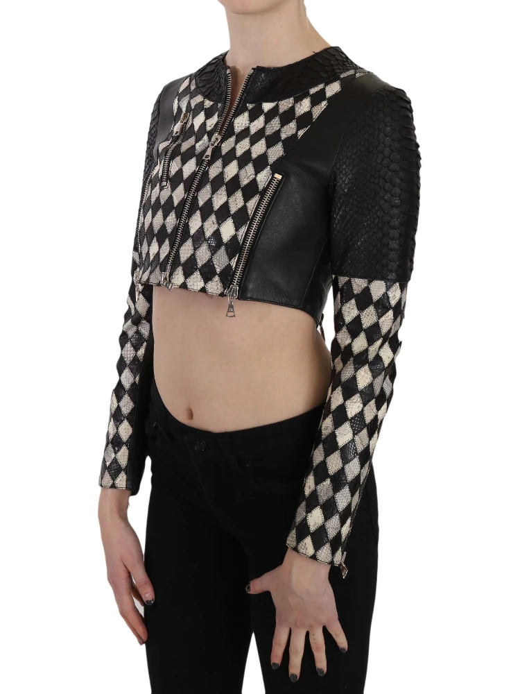 Black White Leather Short Cropped Biker Jacket Coat alternative