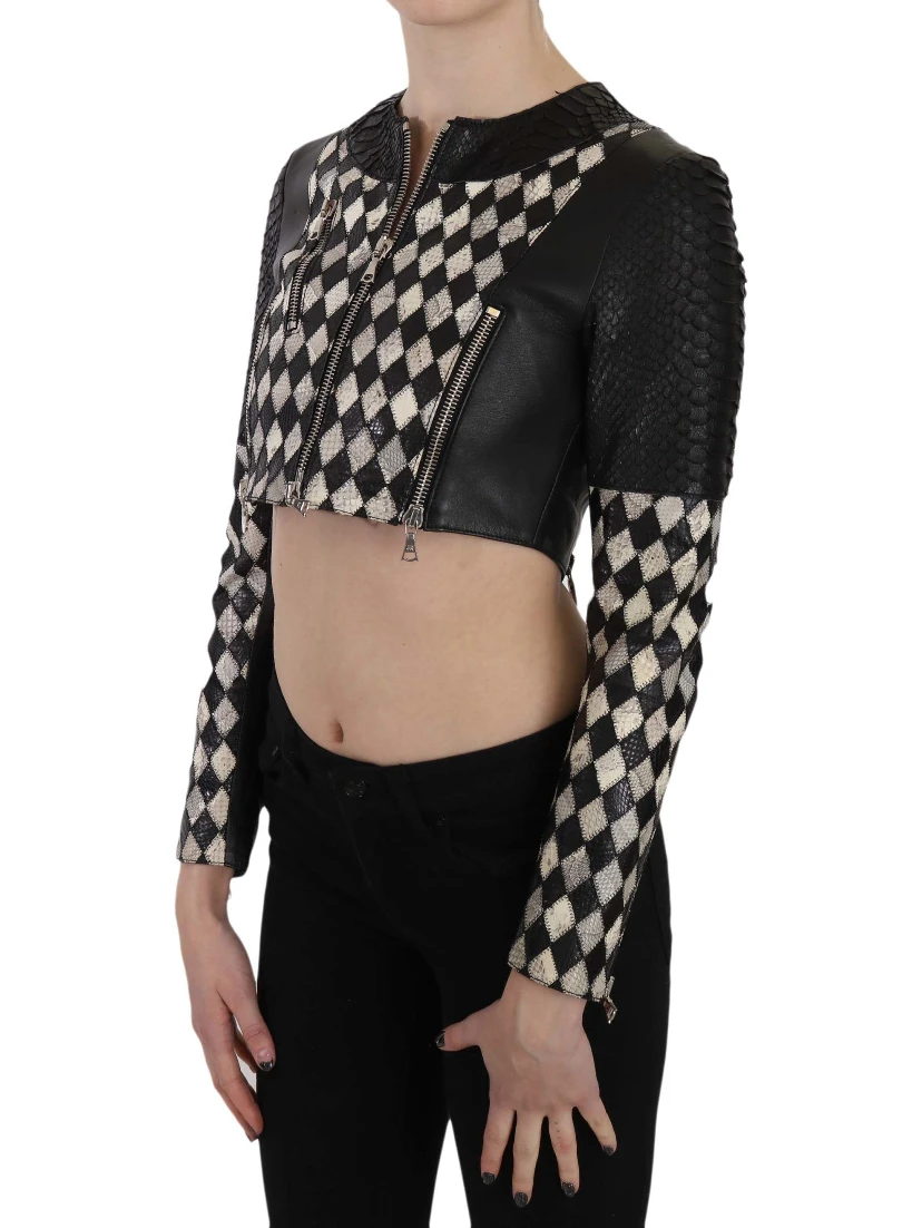 Black White Leather Short Cropped Biker Jacket Coat