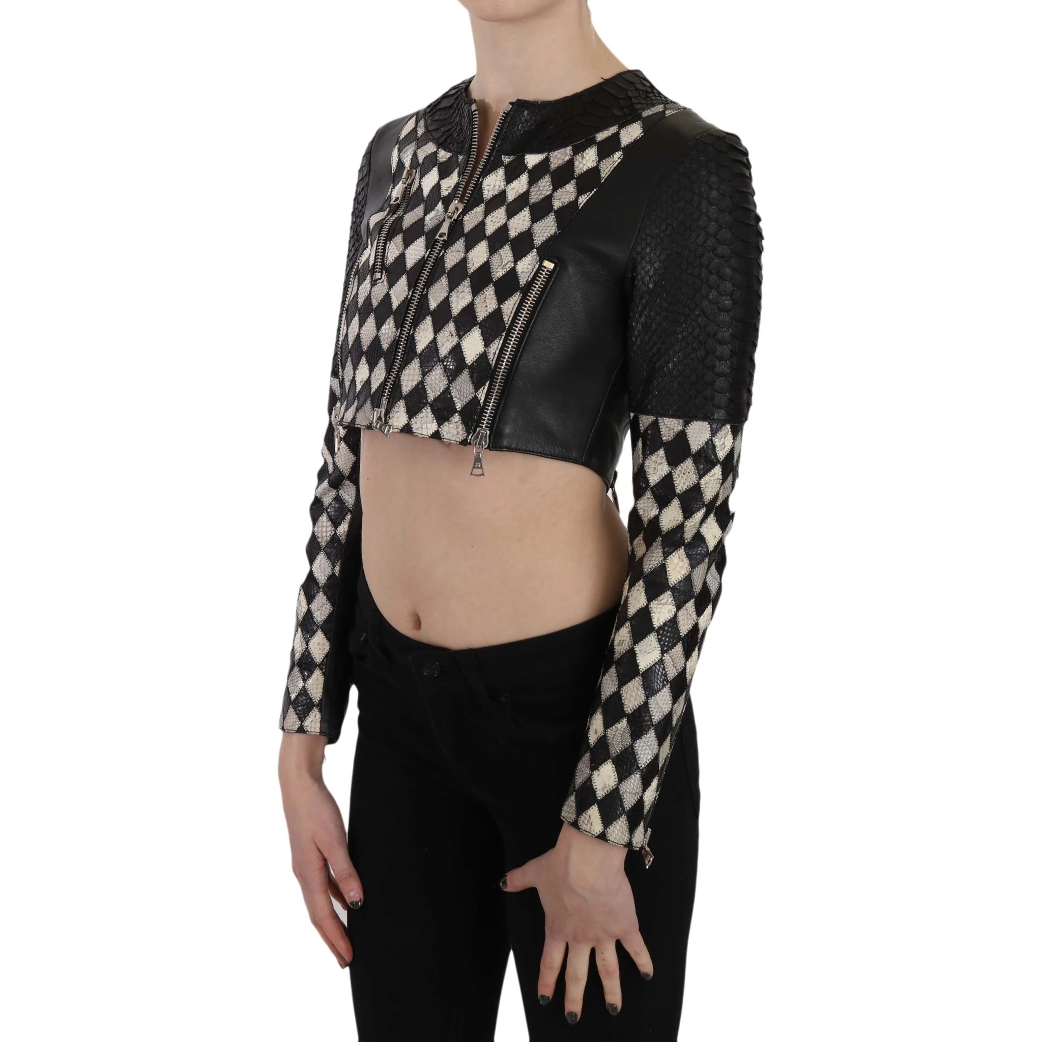 Black White Leather Short Cropped Biker Jacket Coat