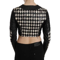 Black White Leather Short Cropped Biker Jacket Coat