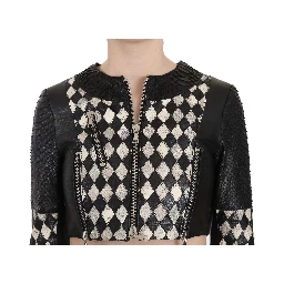 Black White Leather Short Cropped Biker Jacket Coat