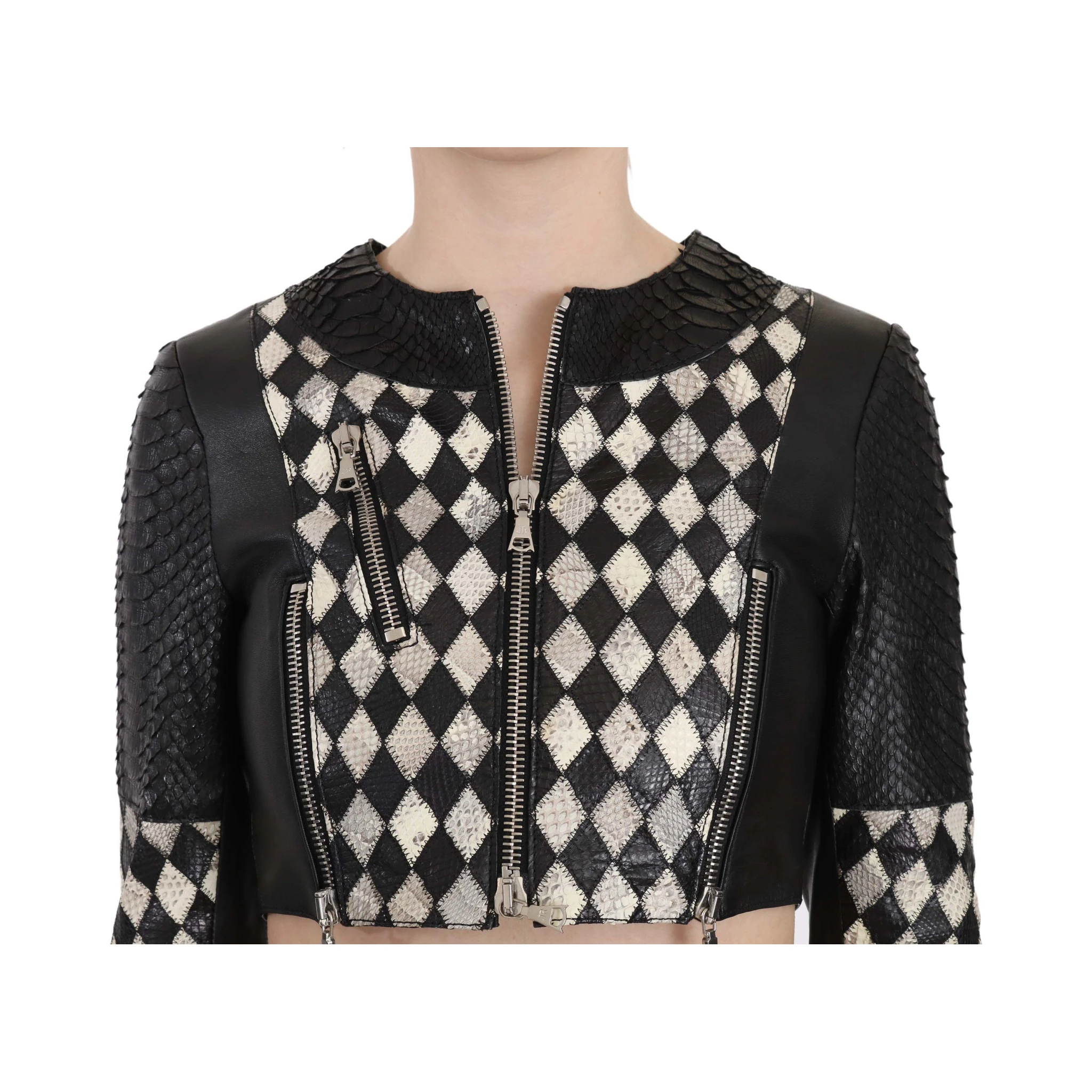 Black White Leather Short Cropped Biker Jacket Coat