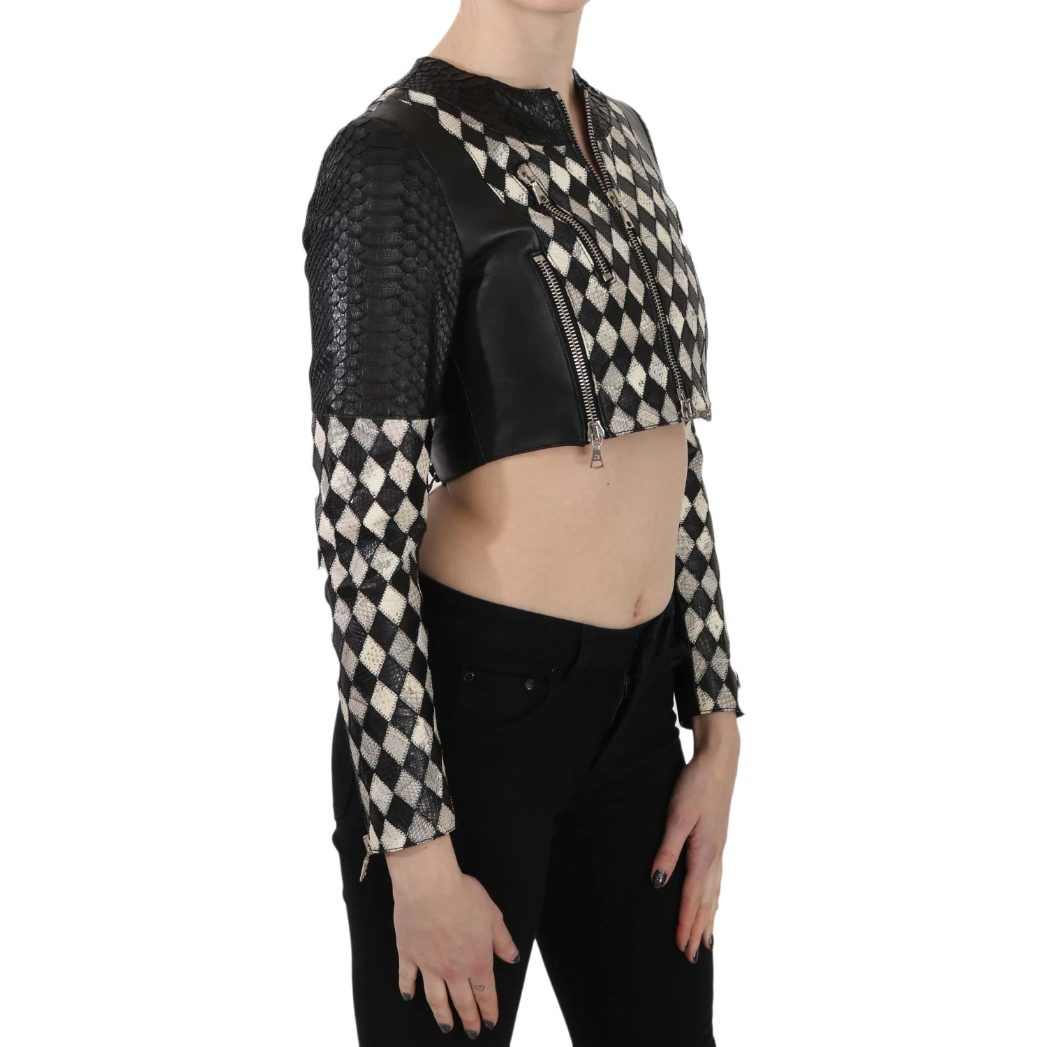 Black White Leather Short Cropped Biker Jacket Coat