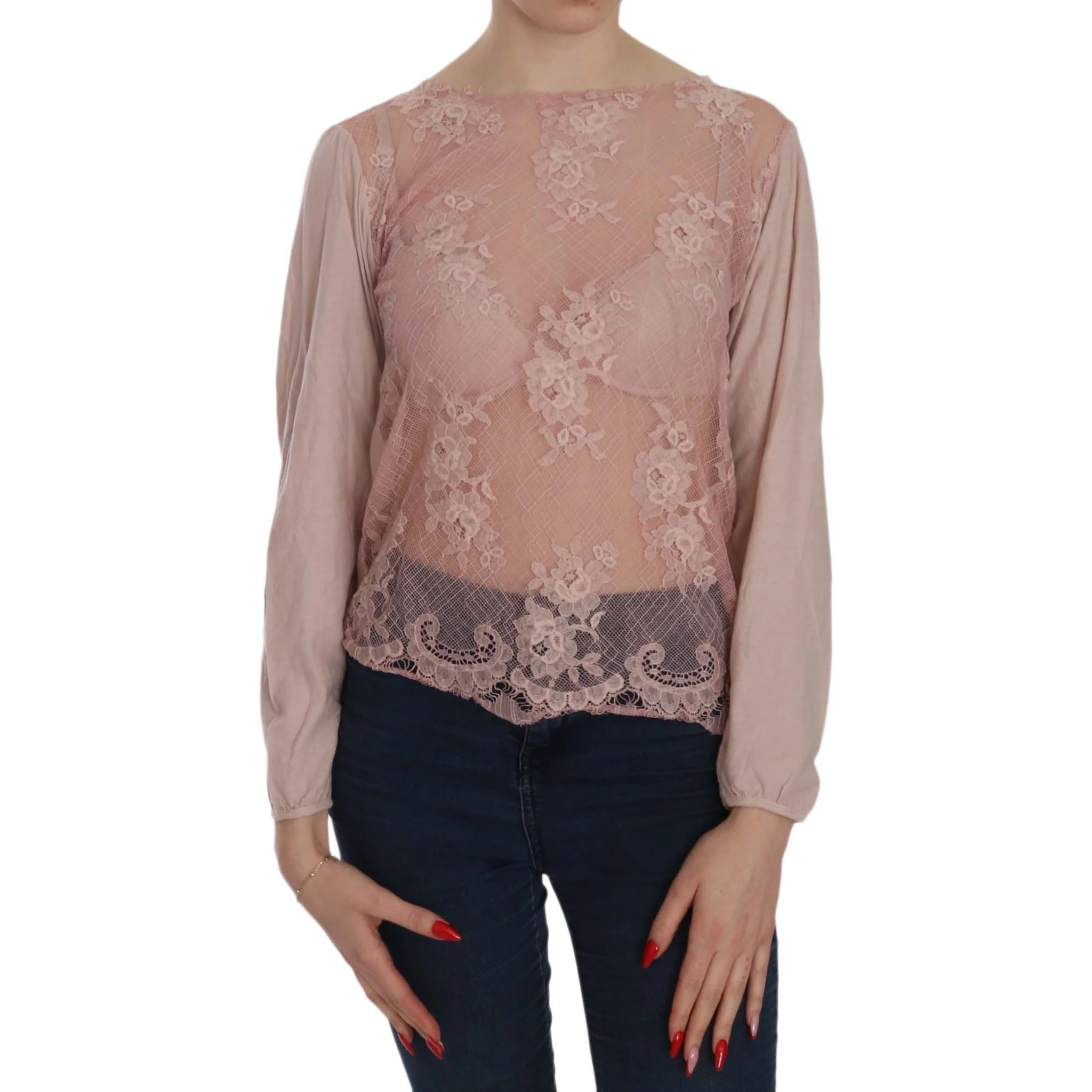 Pink Lace See Through Long Sleeve Blouse