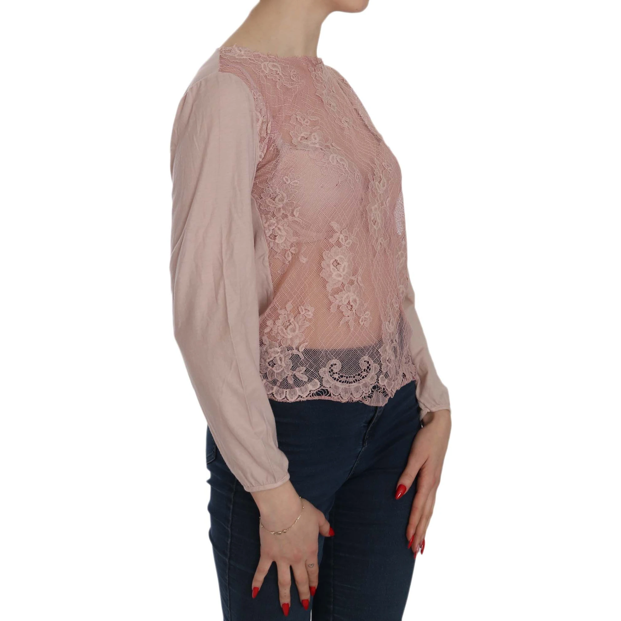 Pink Lace See Through Long Sleeve Blouse