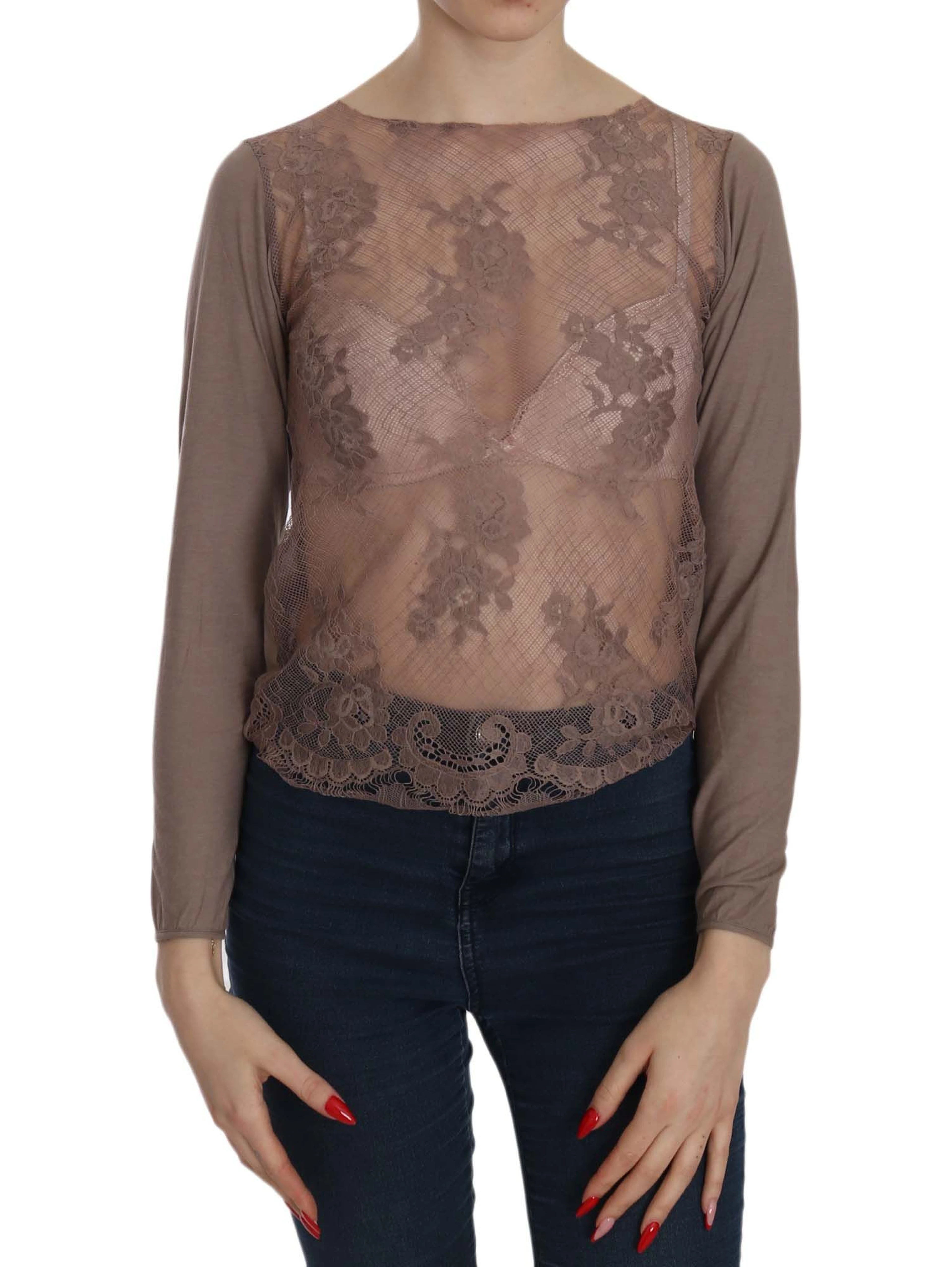 Brown Lace See Through Long Sleeve Top