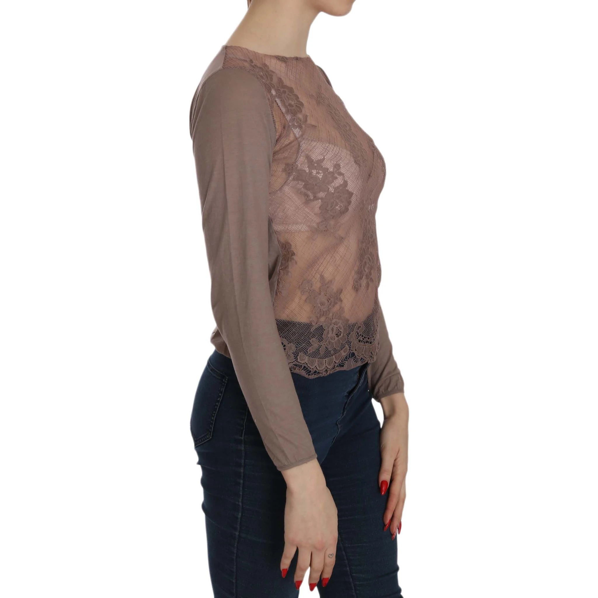 Brown Lace See Through Long Sleeve Top
