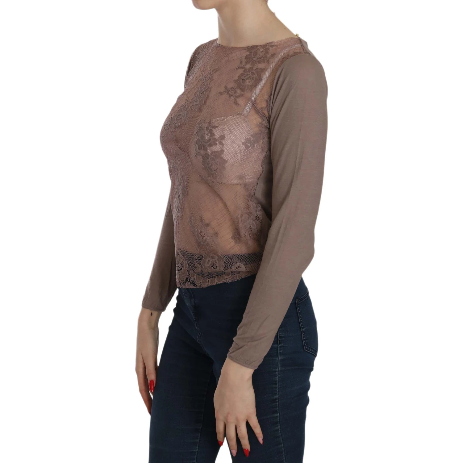 Brown Lace See Through Long Sleeve Top