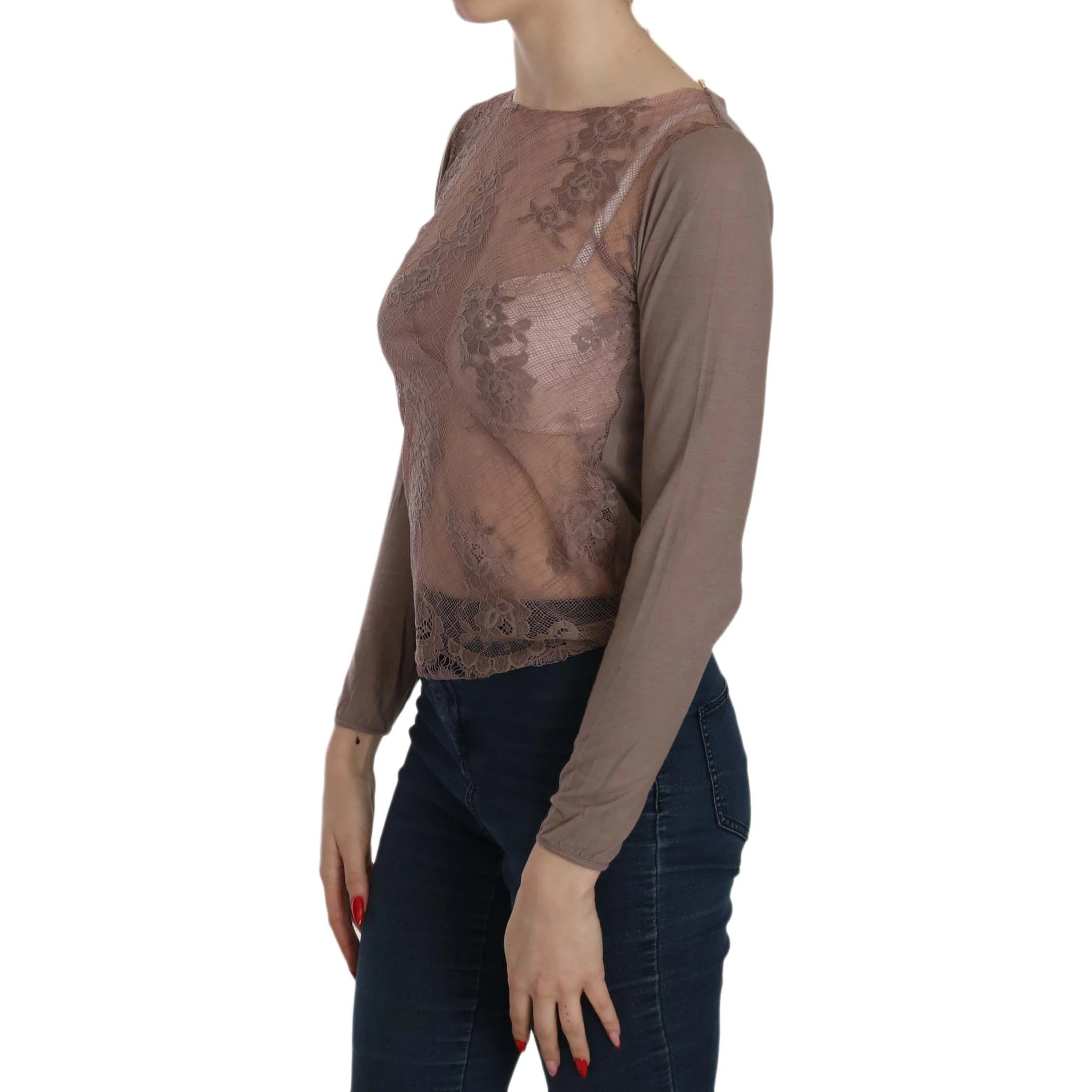 Brown Lace See Through Long Sleeve Top